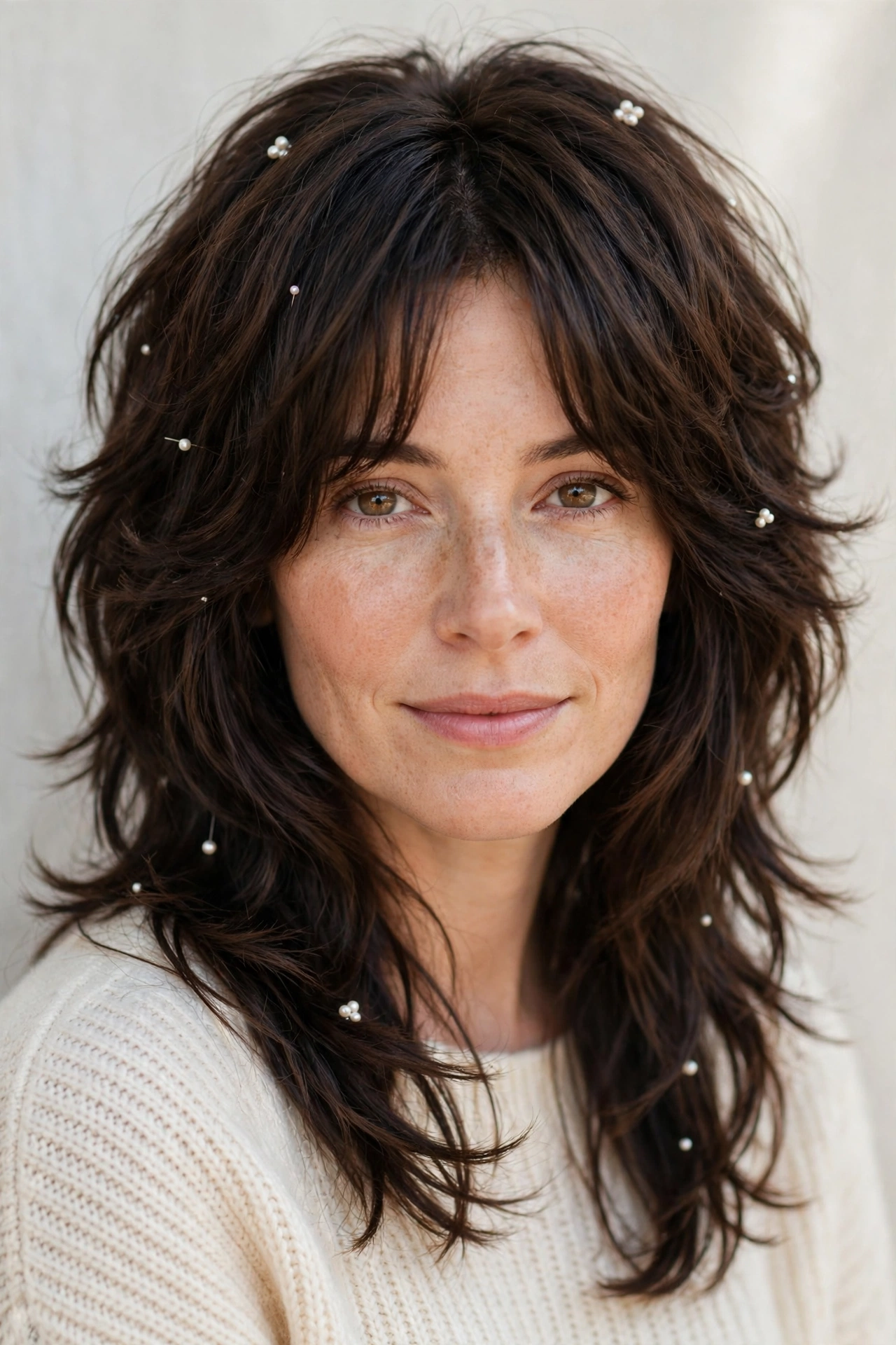 Dark Chocolate Layered Shag Haircuts for Spring with Soft Curtain Layers with Delicate Pearl Pins