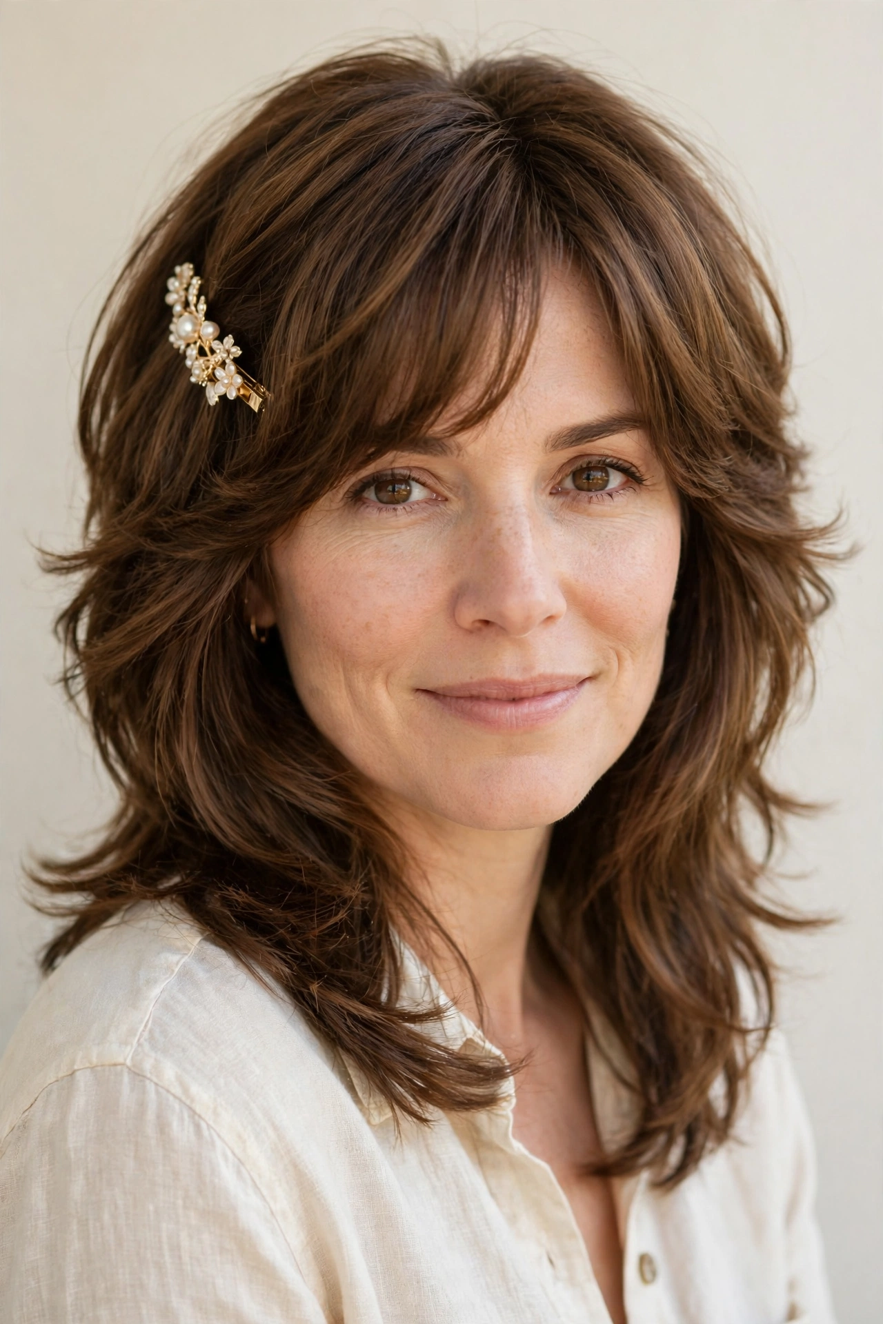 Layered Shag Haircuts for Spring with Soft Curtain Layers in warm brown with a smooth and polished finish