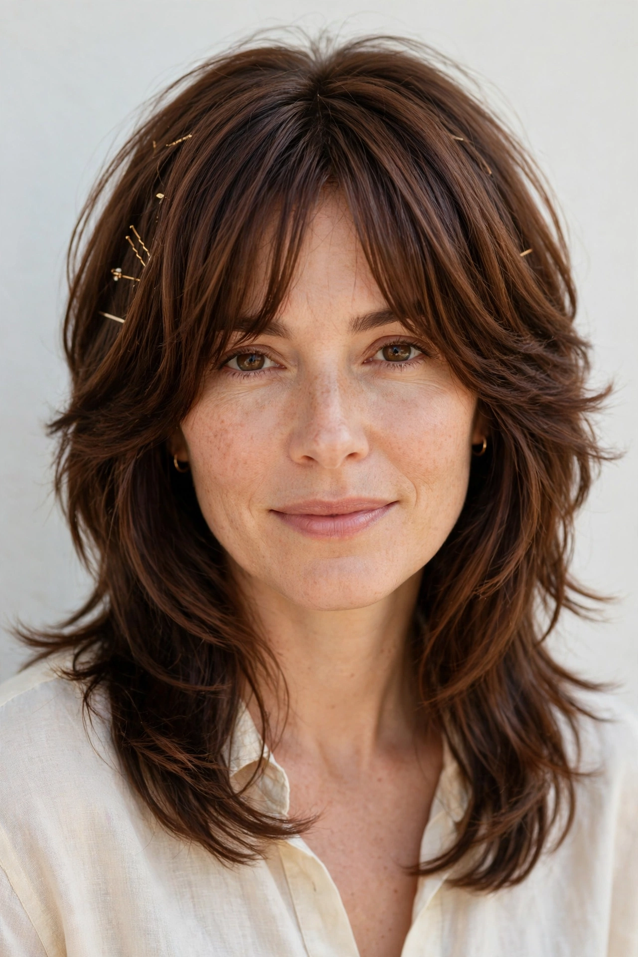 Chestnut Layered Shag Haircuts for Spring with Soft Curtain Layers with Minimal Gold Pins