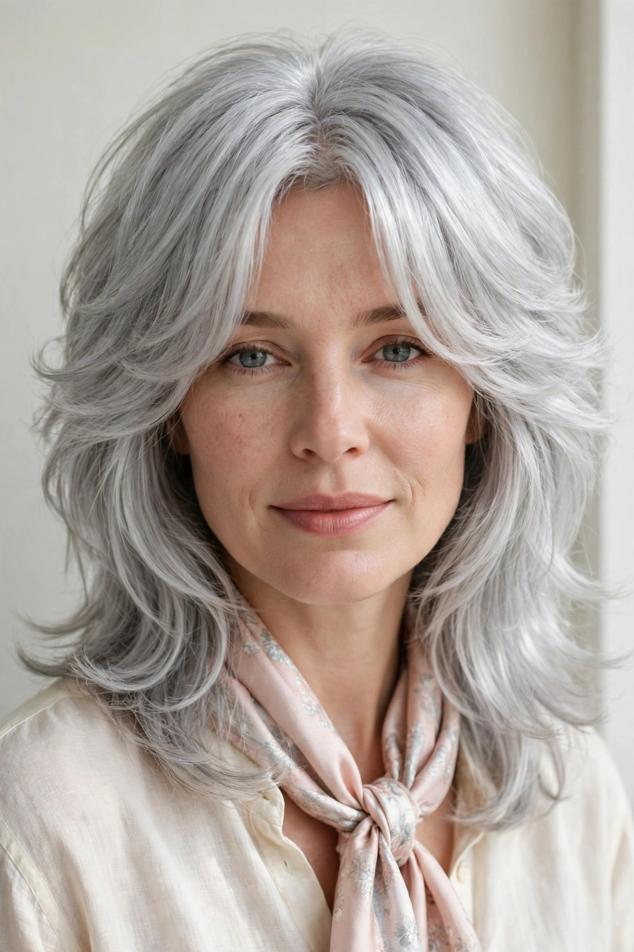 Layered Shag Haircuts for Spring with Soft Curtain Layers in silver with a glossy and neat finish