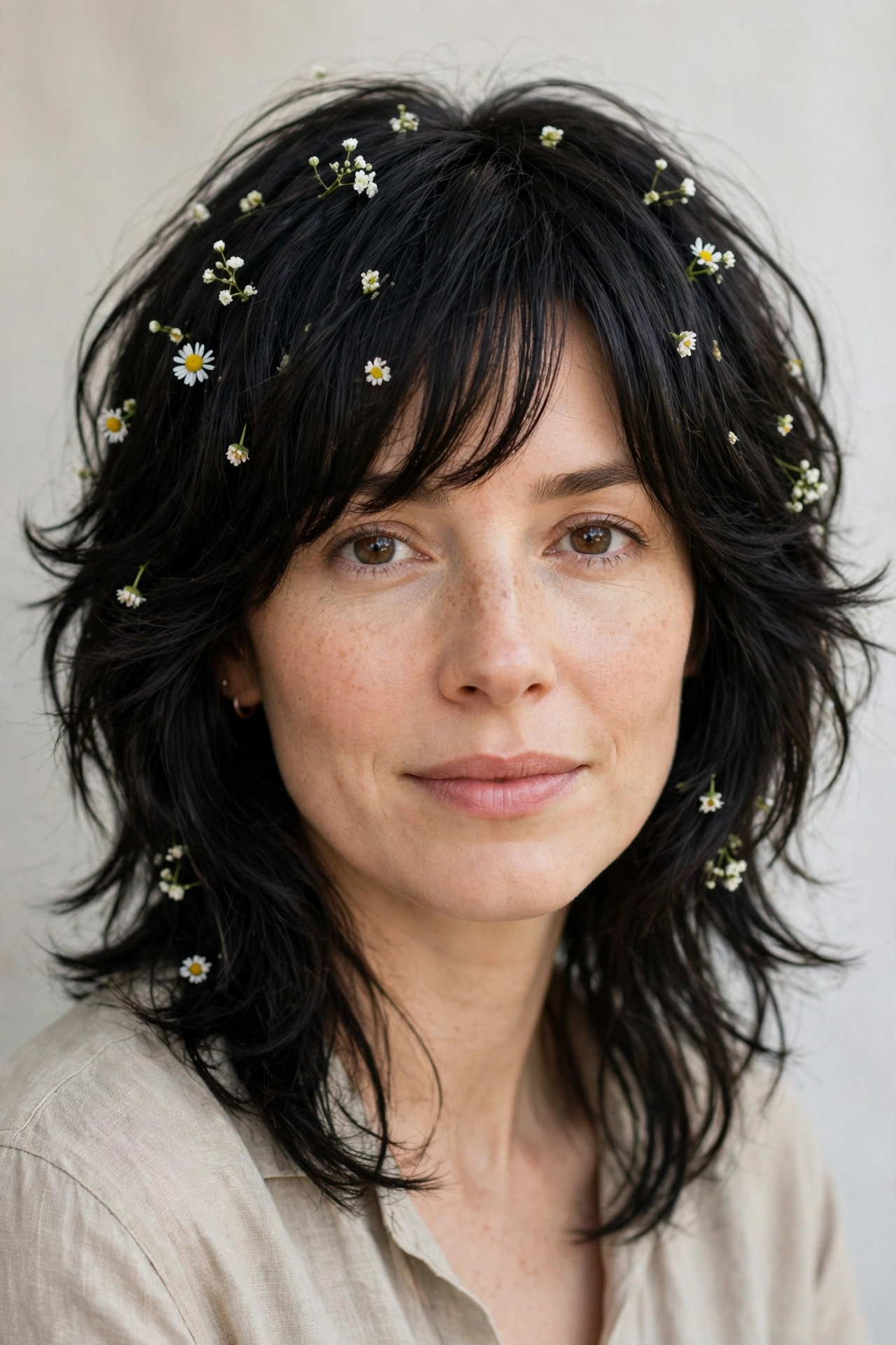 Soft Black Layered Shag Haircuts for Spring with Soft Curtain Layers with Tiny Fresh Flowers
