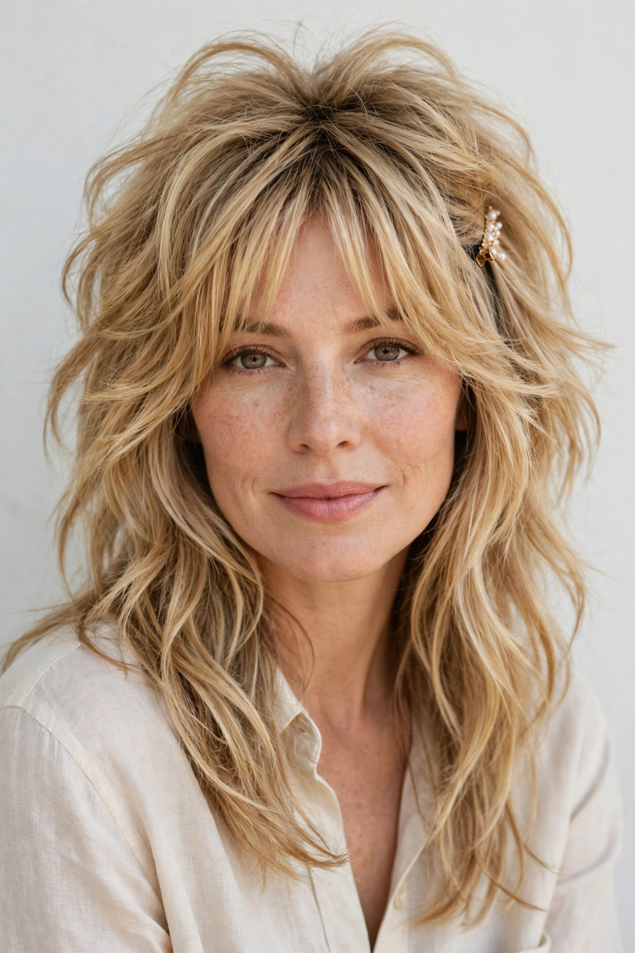 Layered Shag Haircuts for Spring with Soft Curtain Layers in honey blonde with a voluminous at the roots finish