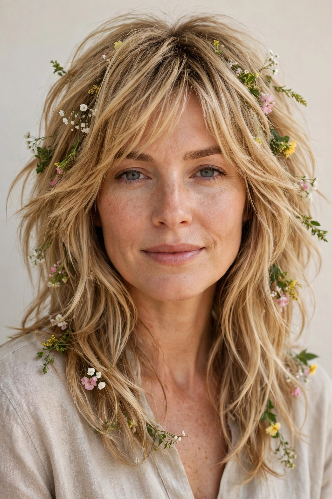 Honey Blonde Layered Shag Haircuts for Thick Hair with Thinned Out Ends with Tiny Fresh Flowers
