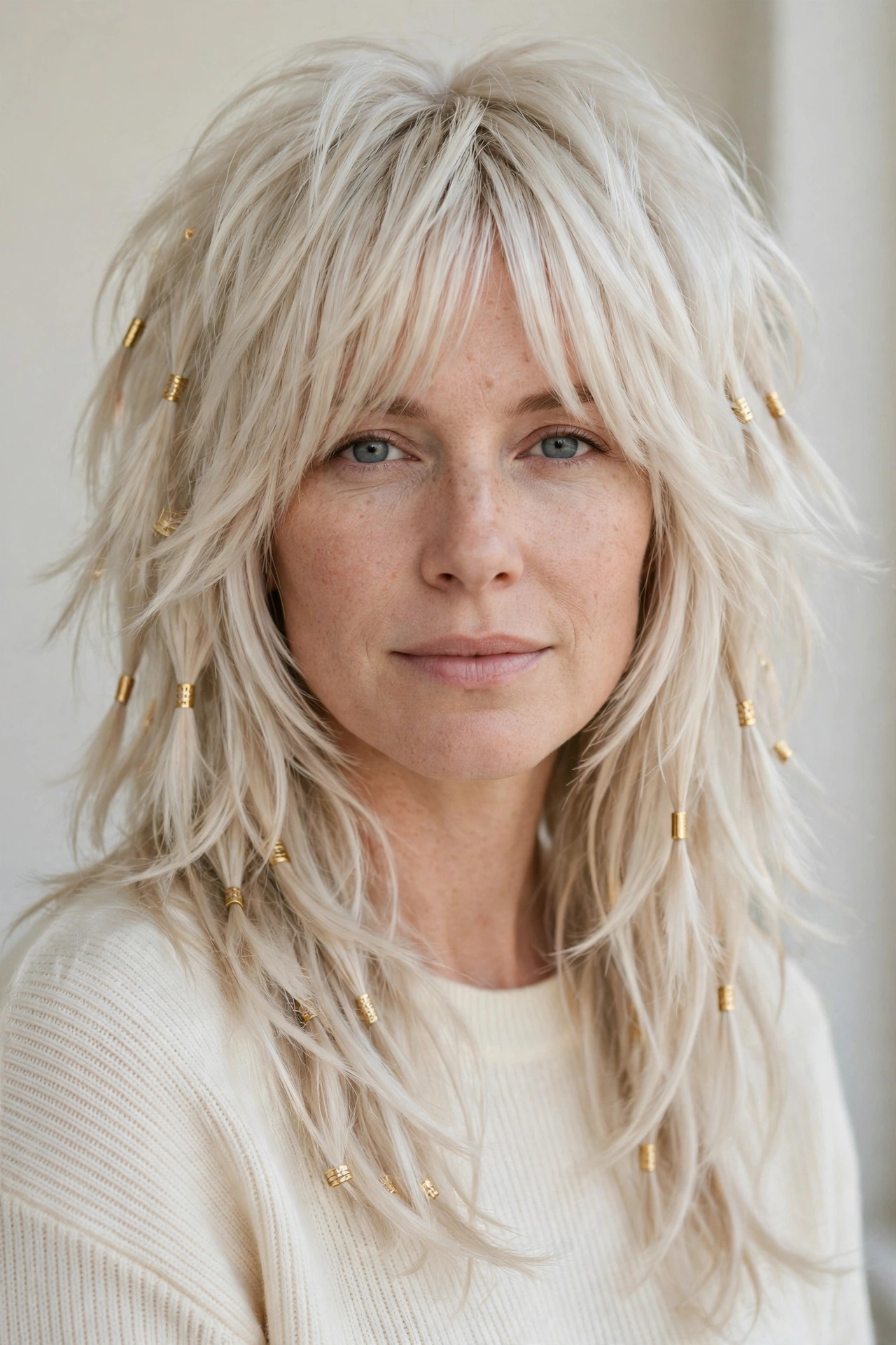 Platinum Blonde Layered Shag Haircuts for Thick Hair with Thinned Out Ends with Small Gold Cuffs