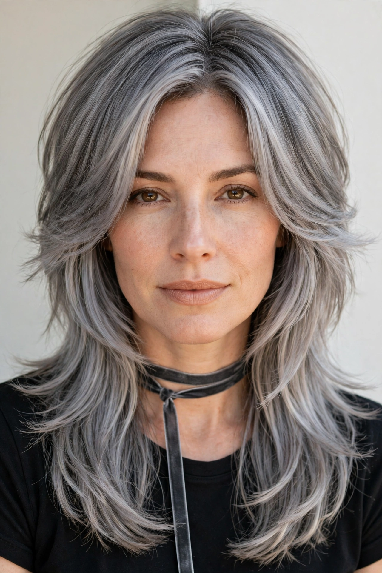 Layered Shag Haircuts for Thick Hair with Thinned Out Ends in soft grey-blended with a sleek with shine finish