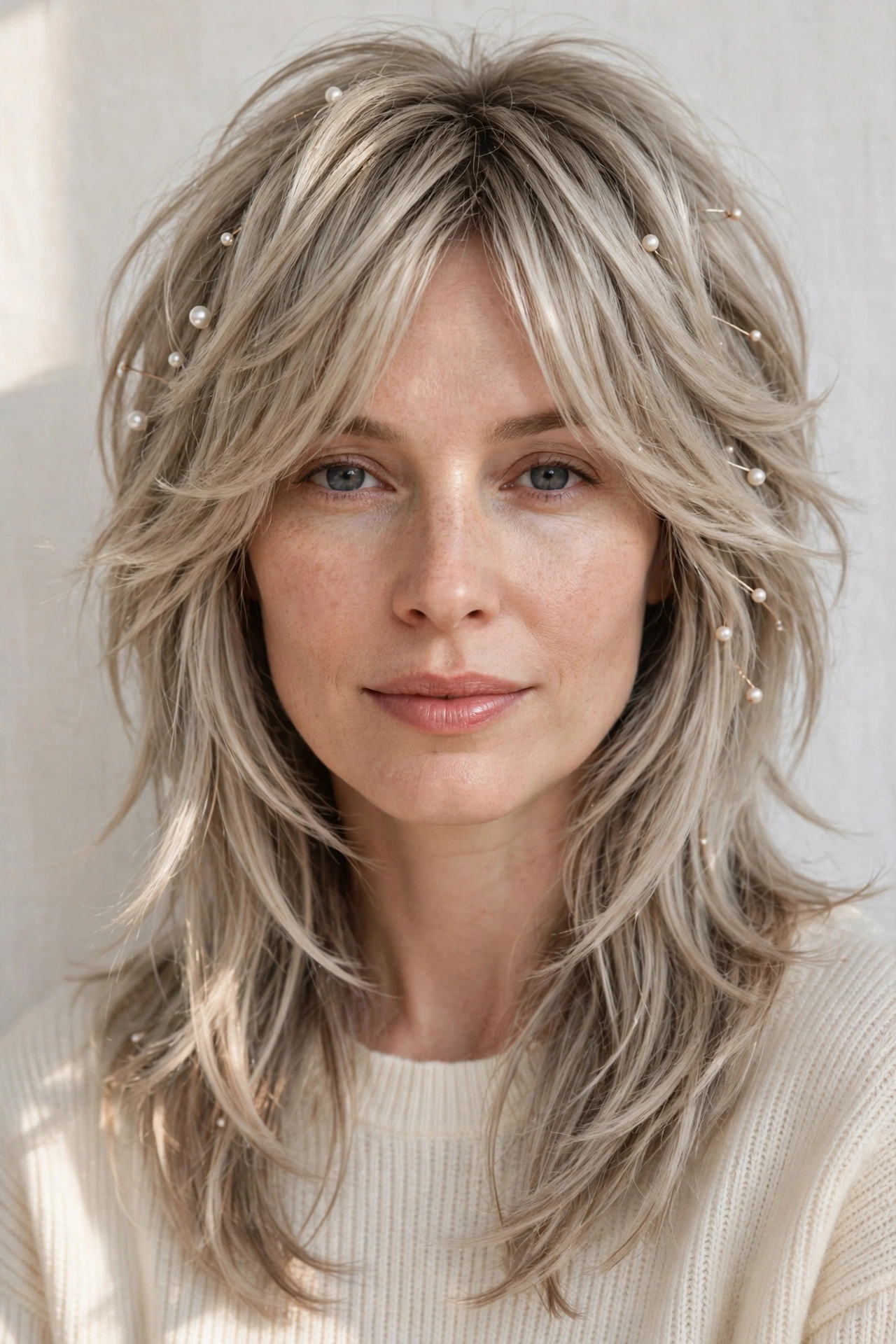 Ash Blonde Layered Shag Haircuts for Thick Hair with Thinned Out Ends with Delicate Pearl Pins