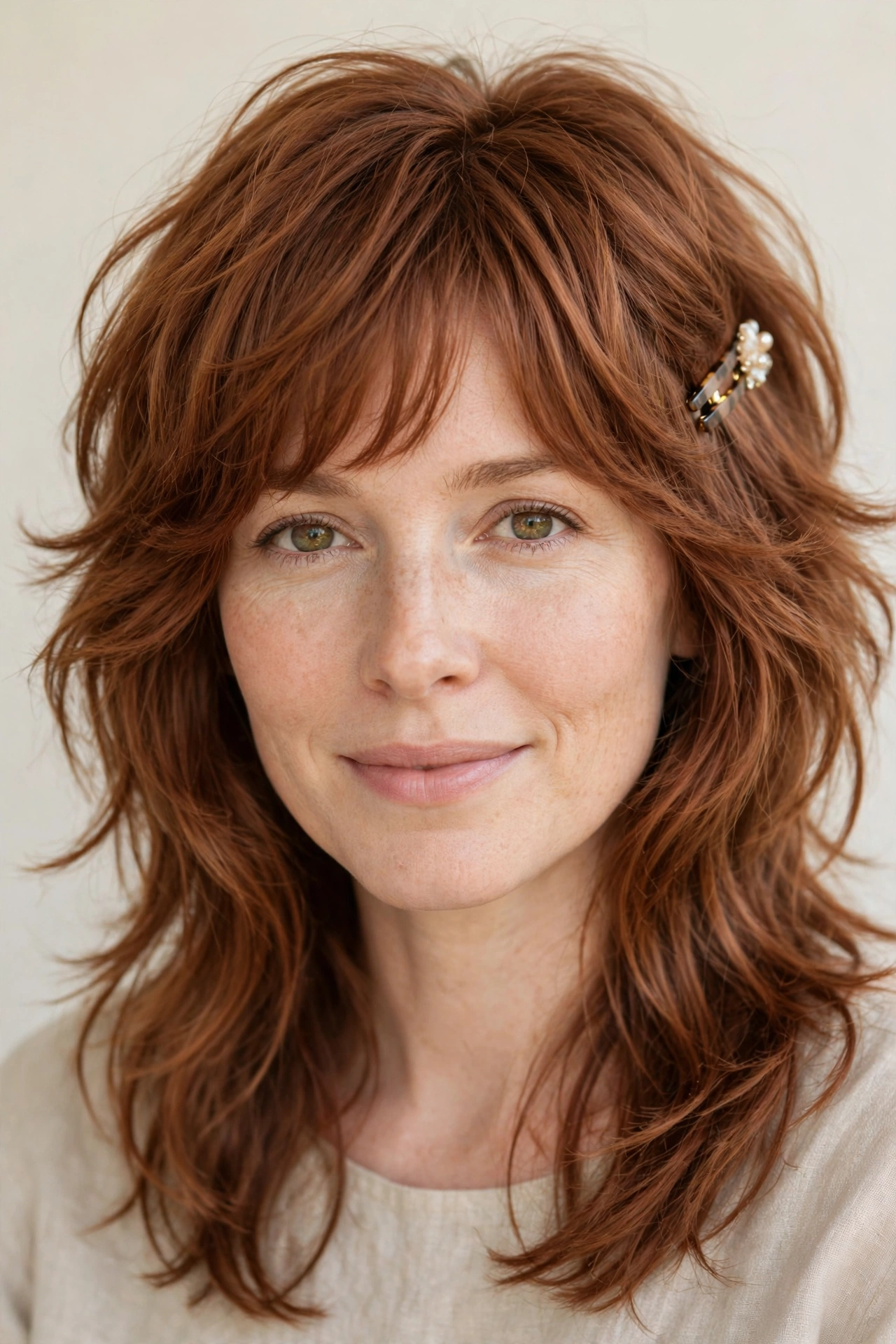 Layered Shag Haircuts for Thick Hair with Thinned Out Ends in soft auburn with a softly waved finish