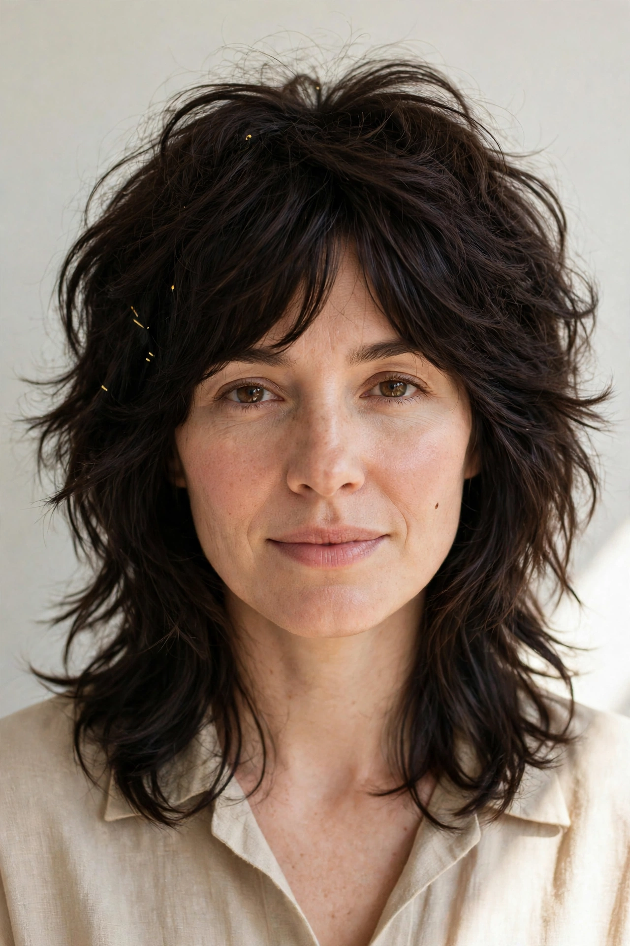 Deep Brunette Layered Shag Haircuts for Thick Hair with Thinned Out Ends with Minimal Gold Pins