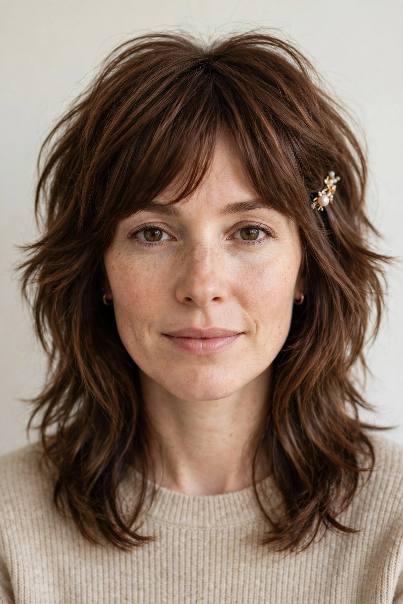 Layered Shag Haircuts for Thick Hair with Thinned Out Ends in chestnut with a softly textured finish