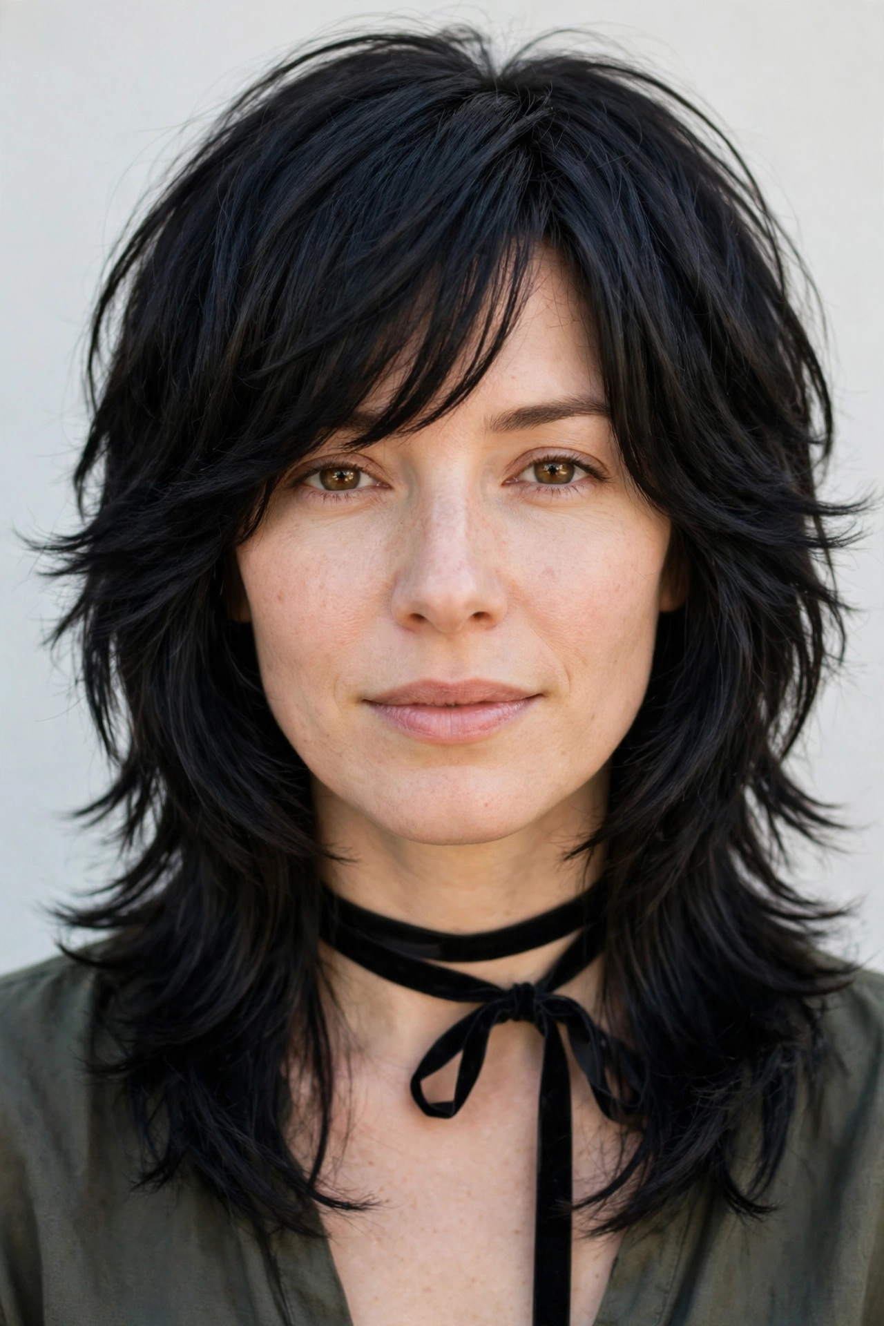 Layered Shag Haircuts for Thick Hair with Thinned Out Ends in soft black with a sleek with shine finish