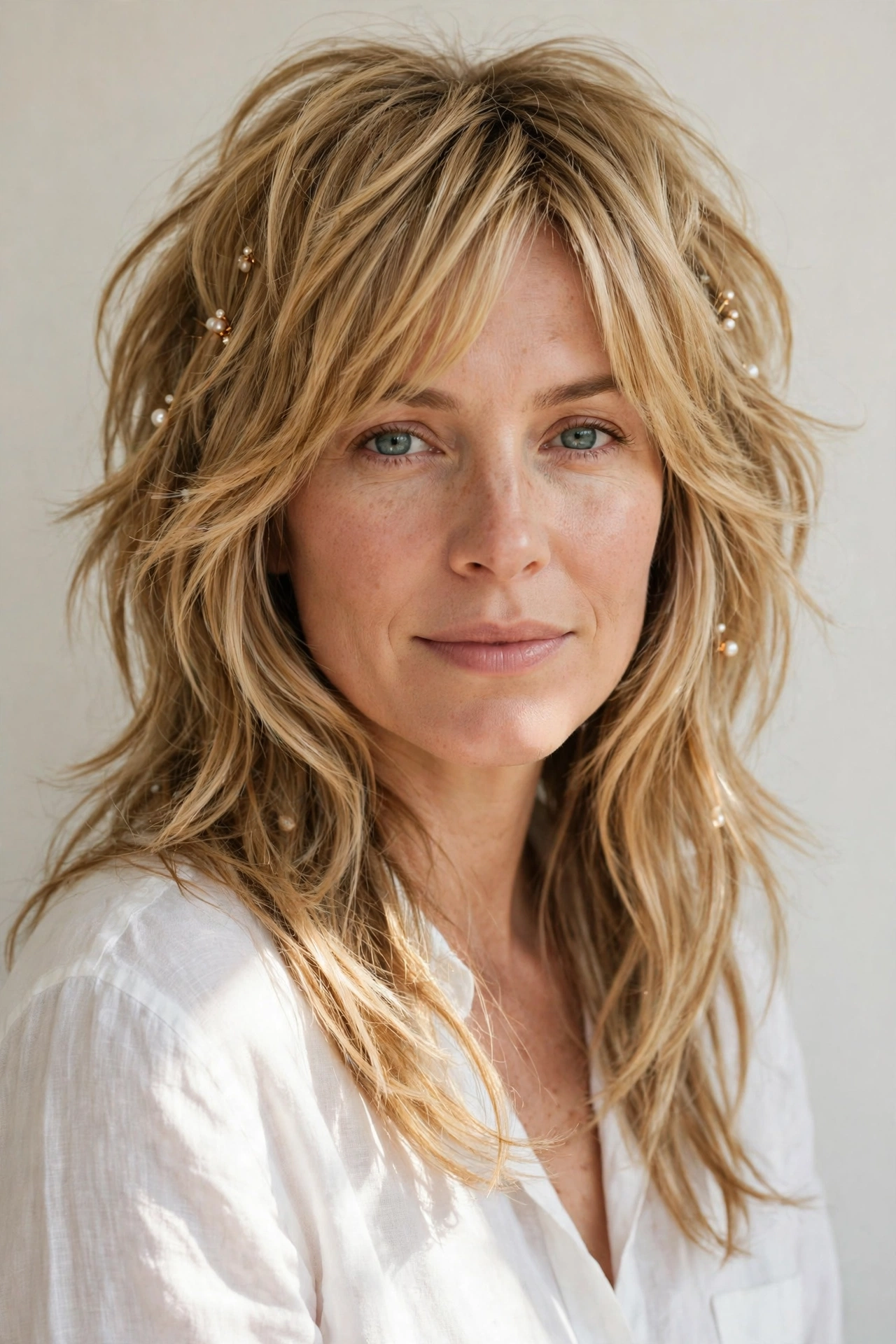 Honey Blonde Layered Shag Haircuts for Thick Hair with Thinned Out Ends with Delicate Pearl Pins