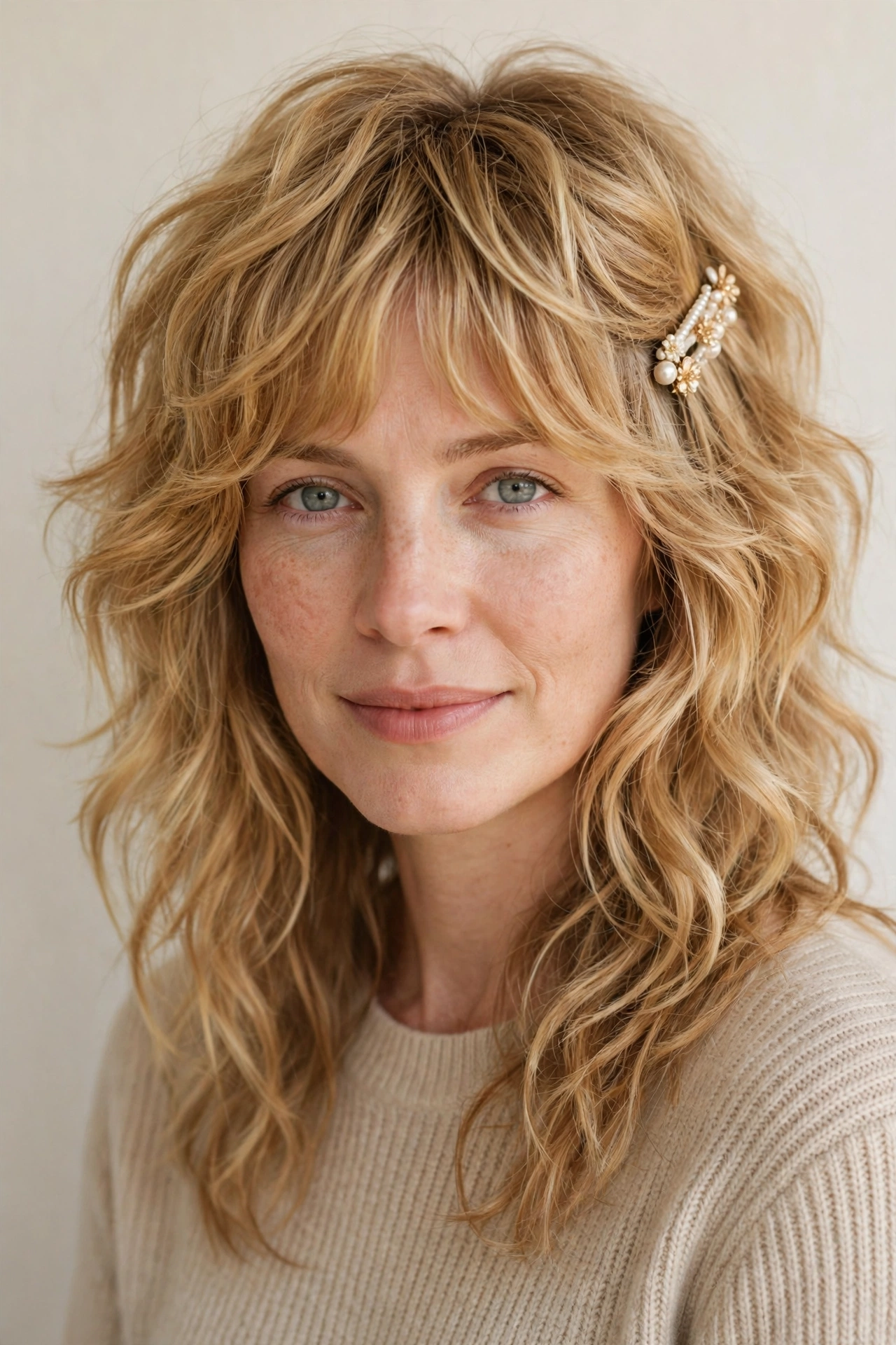 Layered Shag Haircuts for Thick Hair with Thinned Out Ends in golden blonde with a softly waved finish