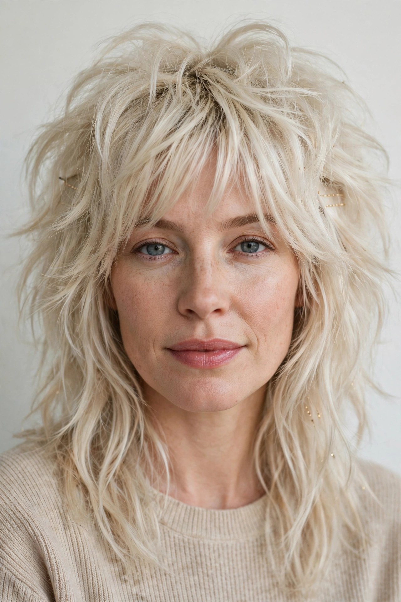 Platinum Blonde Layered Shag Haircuts for Thick Hair with Thinned Out Ends with Minimal Gold Pins
