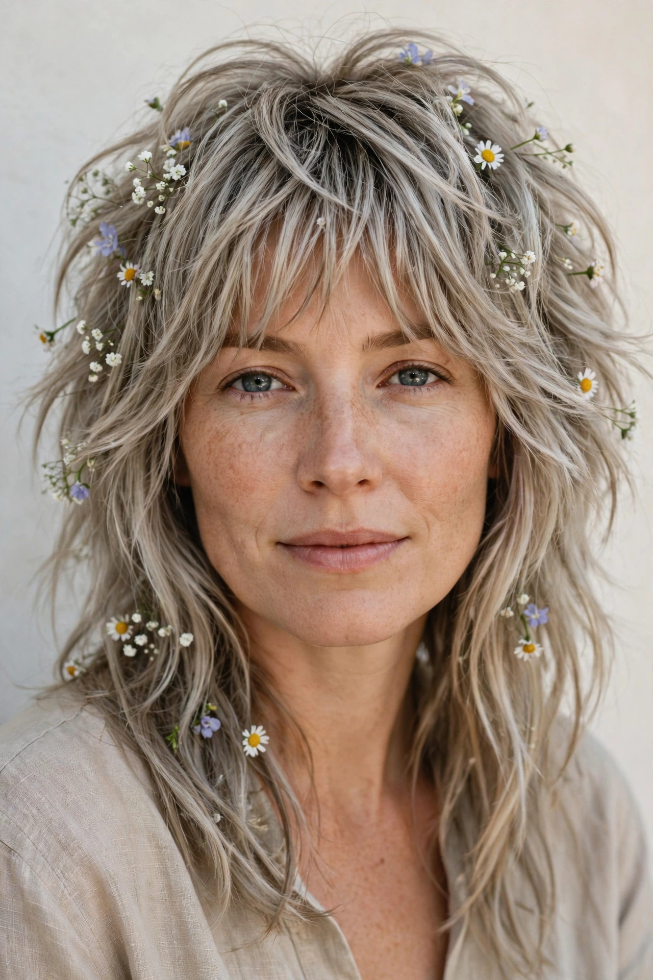 Ash Blonde Layered Shag Haircuts for Thick Hair with Thinned Out Ends with Tiny Fresh Flowers