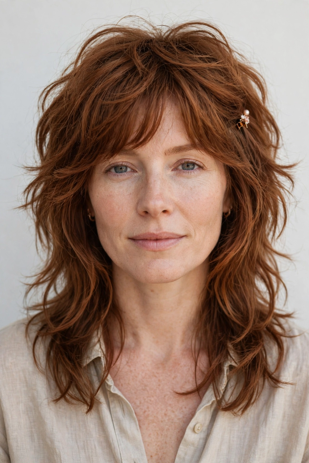 Layered Shag Haircuts for Thick Hair with Thinned Out Ends in soft auburn with a softly textured finish