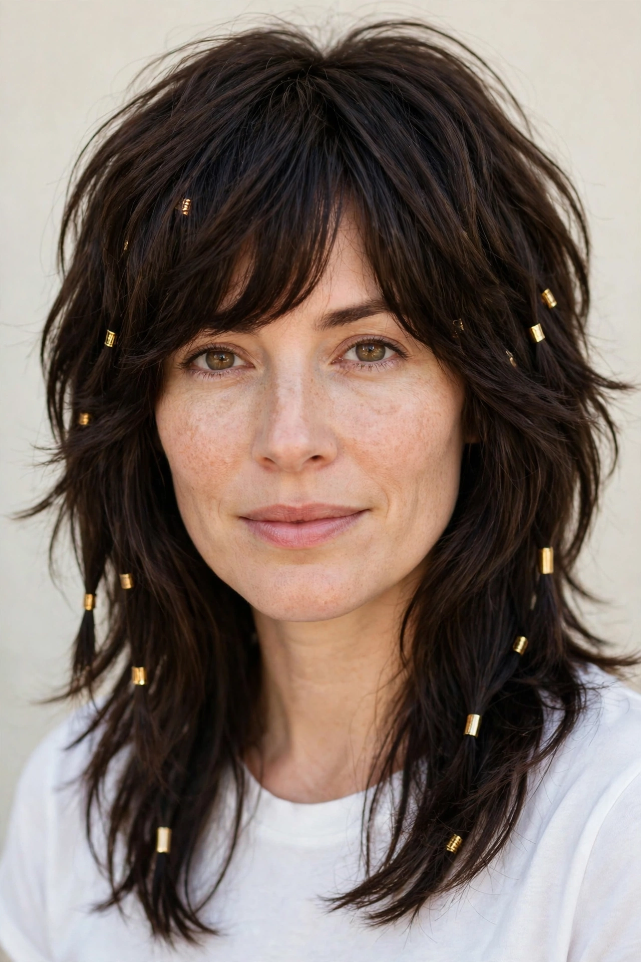 Deep Brunette Layered Shag Haircuts for Thick Hair with Thinned Out Ends with Small Gold Cuffs