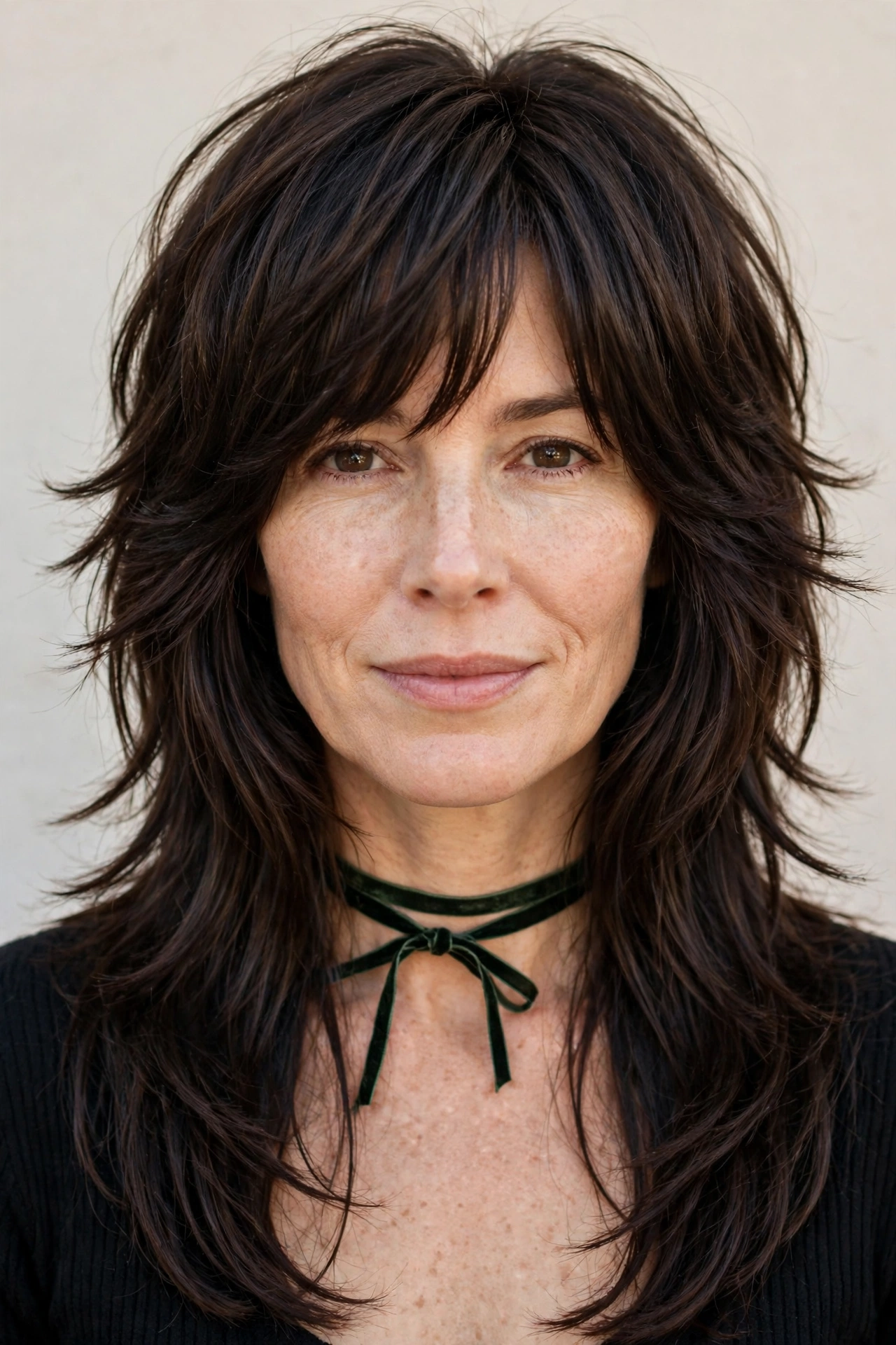 Layered Shag Haircuts for Thick Hair with Thinned Out Ends in dark chocolate with a sleek with shine finish