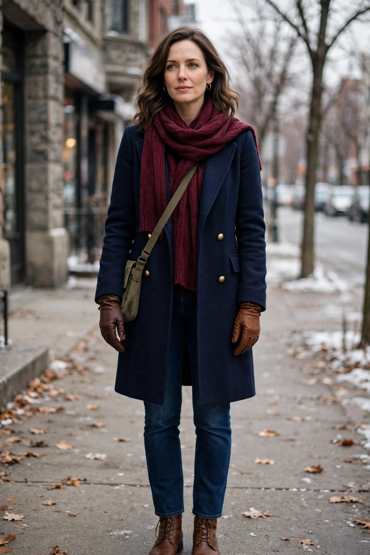 40 Leather Glove and Scarf Outfits for Cold Walks That Are Warm, Chic and Easy to Wear 4 Navy Coat, Brown Leather Gloves and a Burgundy Scarf