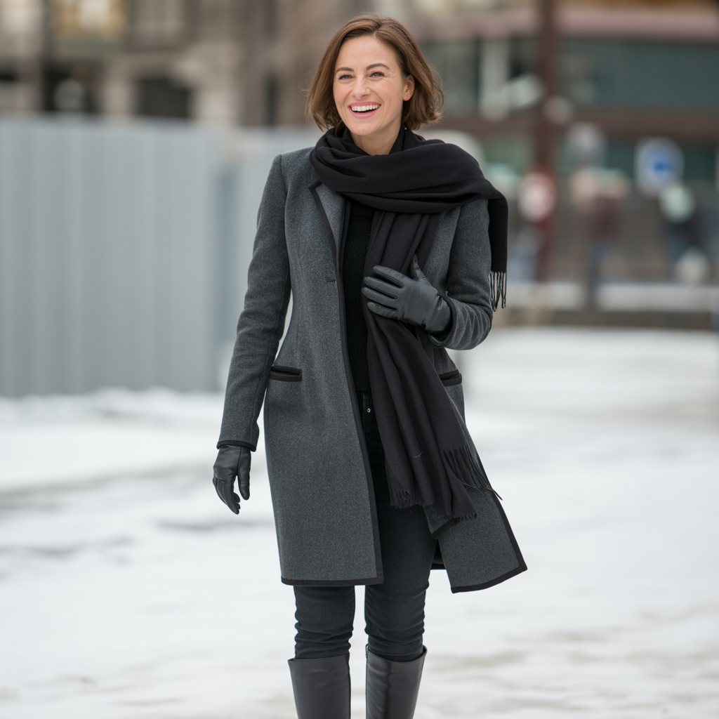 40 Leather Glove and Scarf Outfits for Cold Walks That Are Warm, Chic and Easy to Wear 5 Grey Coat, Black Leather Gloves and a Black Scarf
