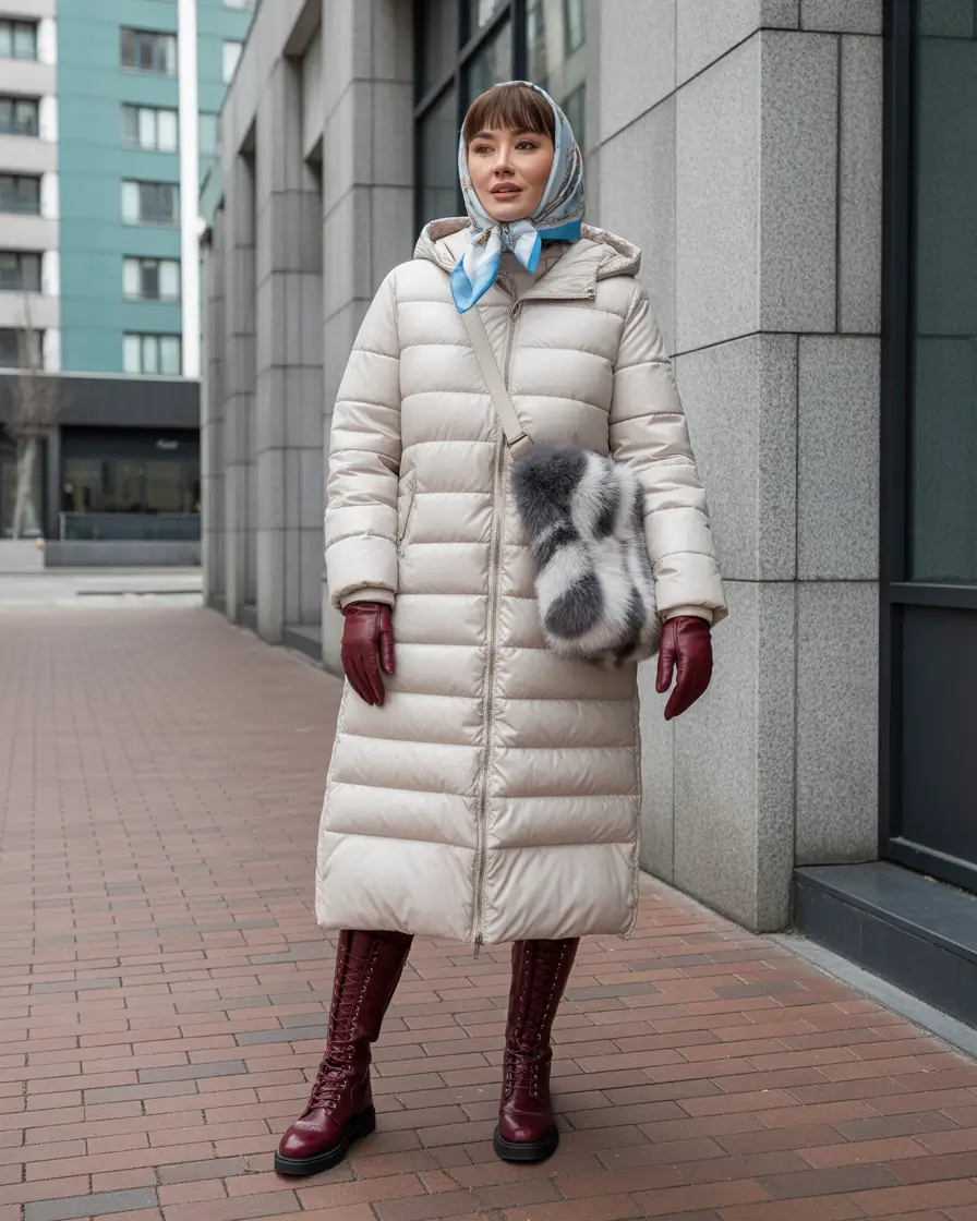 40 Leather Glove and Scarf Outfits for Cold Walks That Are Warm, Chic and Easy to Wear 7 White Puffer, Burgundy Leather Gloves and a Blue Scarf