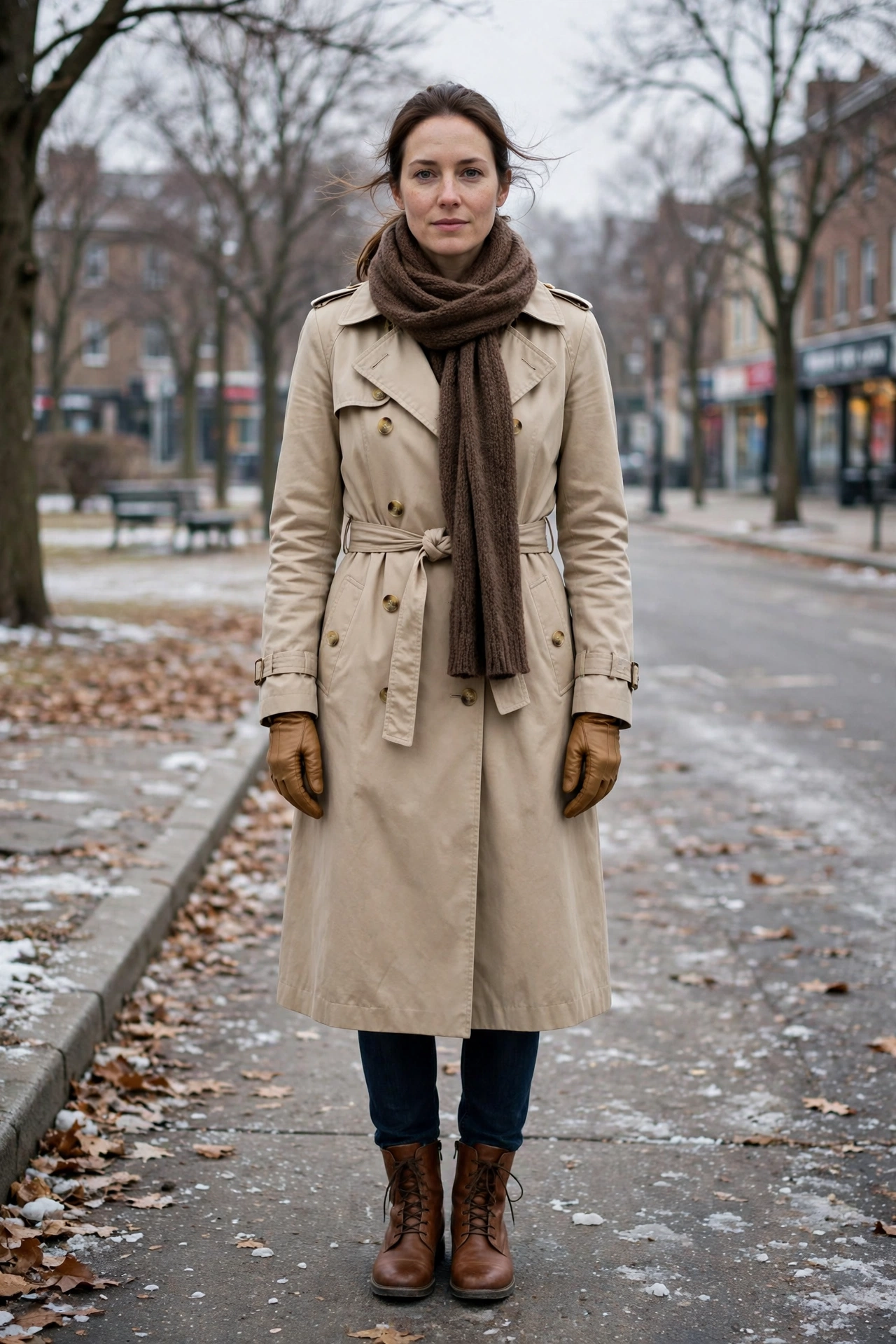 40 Leather Glove and Scarf Outfits for Cold Walks That Are Warm, Chic and Easy to Wear 9 Beige Trench, Tan Leather Gloves and a Brown Scarf