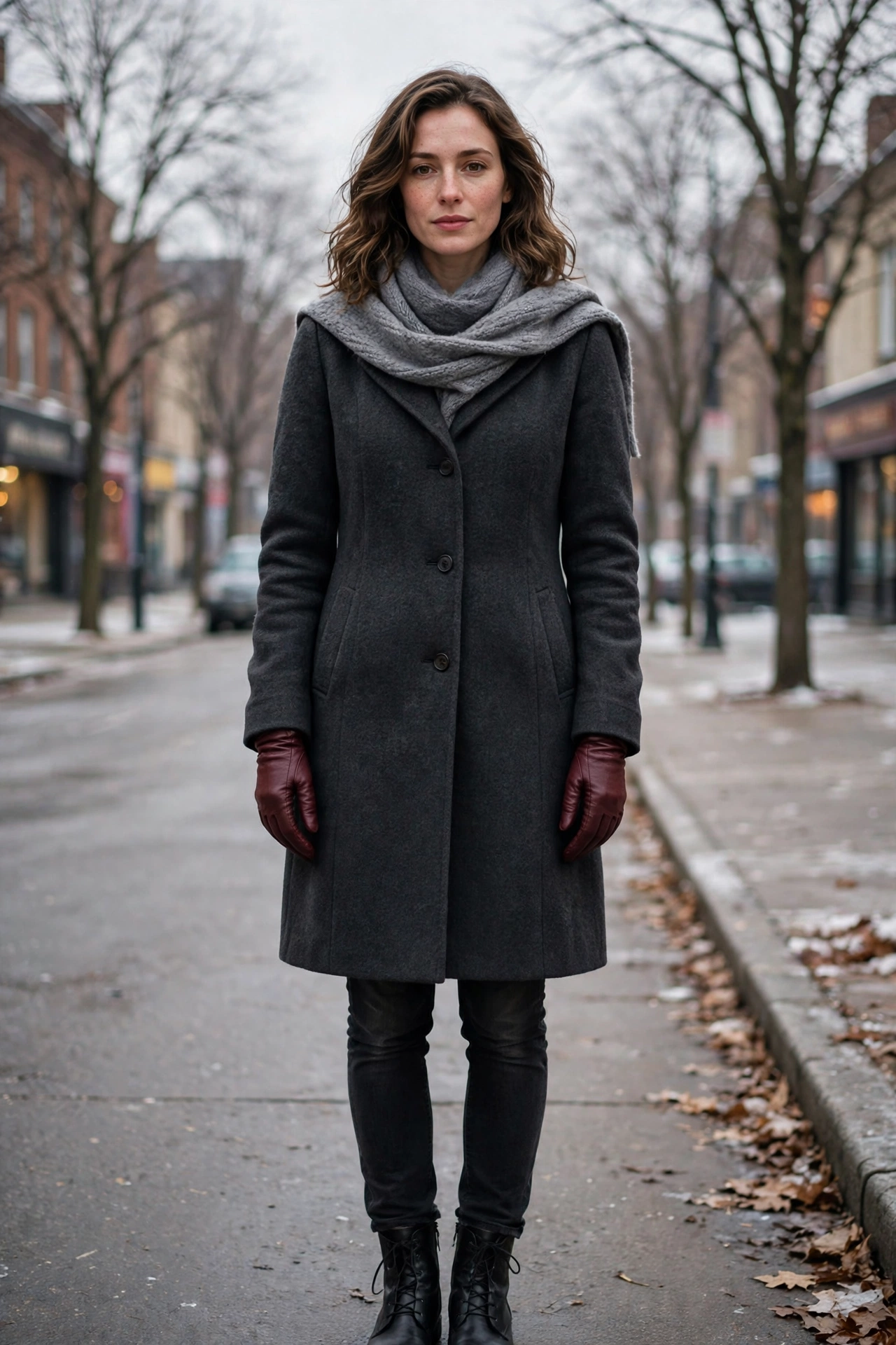40 Leather Glove and Scarf Outfits for Cold Walks That Are Warm, Chic and Easy to Wear 12 Charcoal Coat, Burgundy Leather Gloves and a Grey Scarf