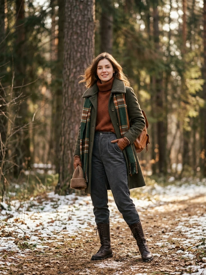 40 Leather Glove and Scarf Outfits for Cold Walks That Are Warm, Chic and Easy to Wear 14 Green Coat, Brown Leather Gloves and a Plaid Scarf