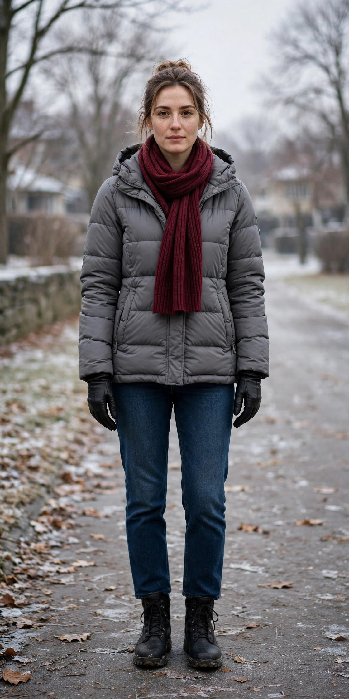 40 Leather Glove and Scarf Outfits for Cold Walks That Are Warm, Chic and Easy to Wear 24 Grey Puffer, Black Leather Gloves and a Burgundy Scarf