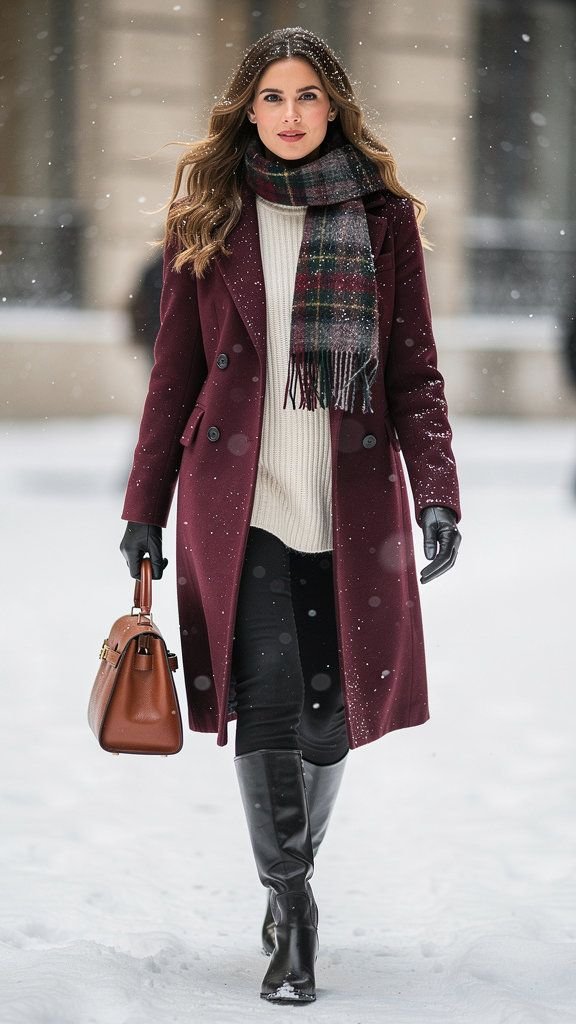 40 Leather Glove and Scarf Outfits for Cold Walks That Are Warm, Chic and Easy to Wear 25 Wine Coat, Black Leather Gloves and a Plaid Scarf