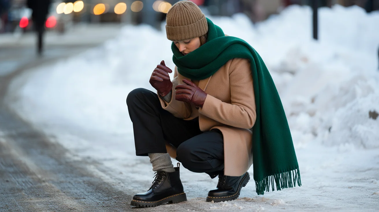 40 Leather Glove and Scarf Outfits for Cold Walks That Are Warm, Chic and Easy to Wear 29 Beige Coat, Brown Leather Gloves and a Green Scarf
