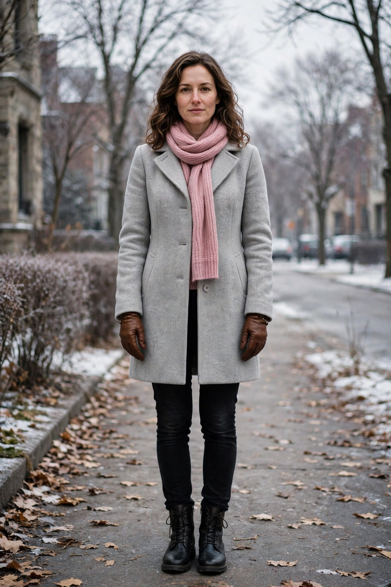 40 Leather Glove and Scarf Outfits for Cold Walks That Are Warm, Chic and Easy to Wear 30 Light Grey Coat, Brown Leather Gloves and a Pink Scarf