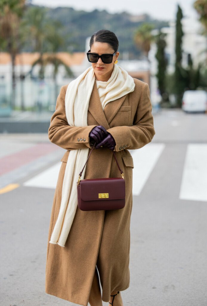 40 Leather Glove and Scarf Outfits for Cold Walks That Are Warm, Chic and Easy to Wear 31 Camel Coat, Burgundy Leather Gloves and a Cream Scarf