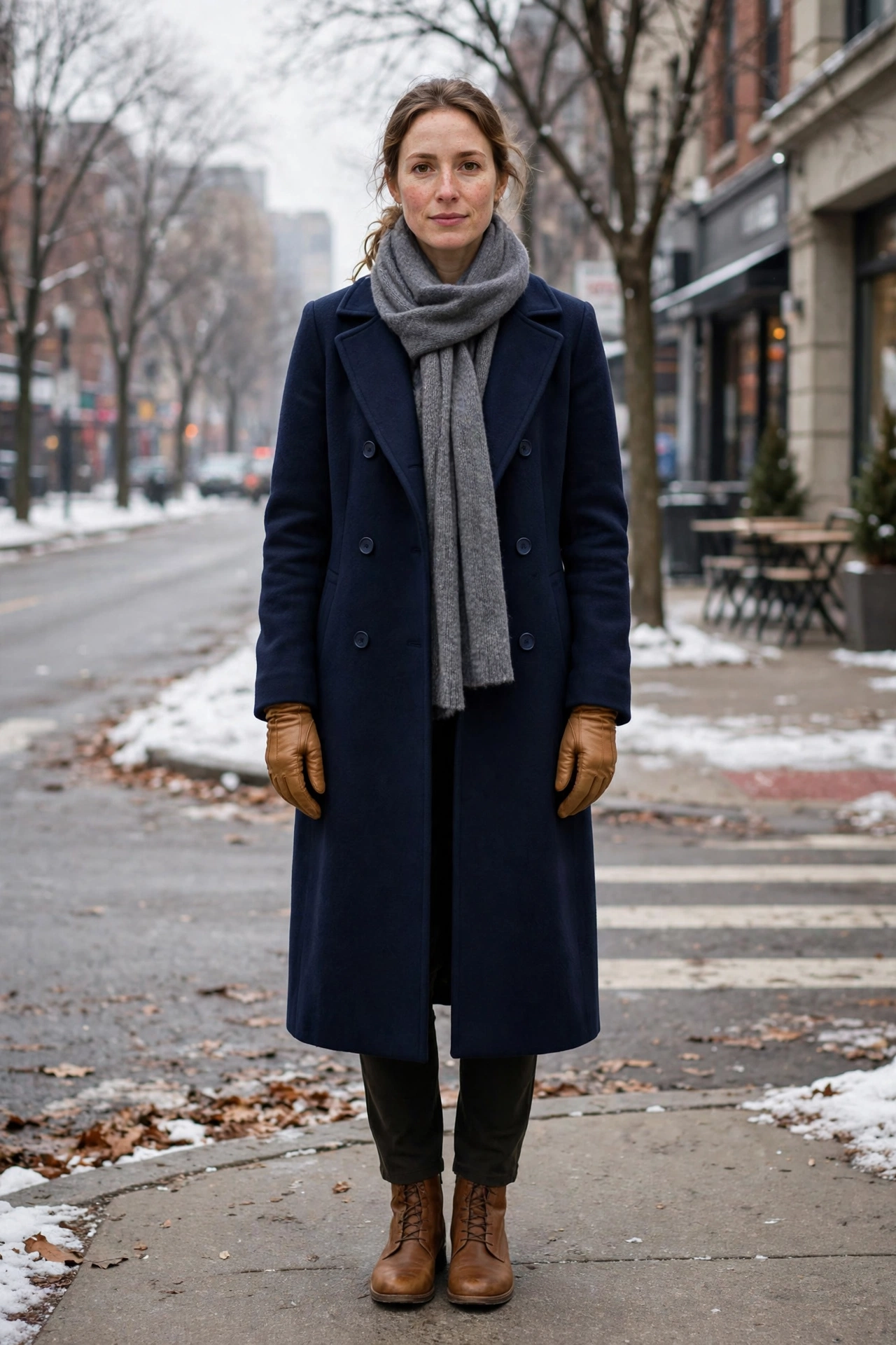 40 Leather Glove and Scarf Outfits for Cold Walks That Are Warm, Chic and Easy to Wear 32 Navy Long Coat, Tan Leather Gloves and a Grey Scarf