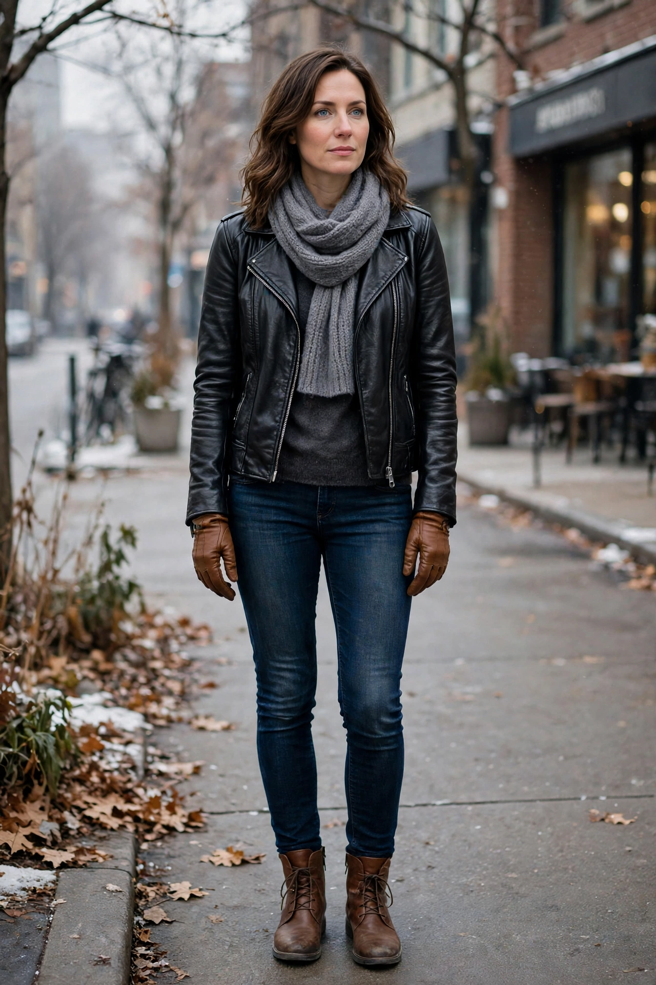 40 Leather Glove and Scarf Outfits for Cold Walks That Are Warm, Chic and Easy to Wear 34 Black Leather Jacket, Brown Leather Gloves and a Grey Scarf