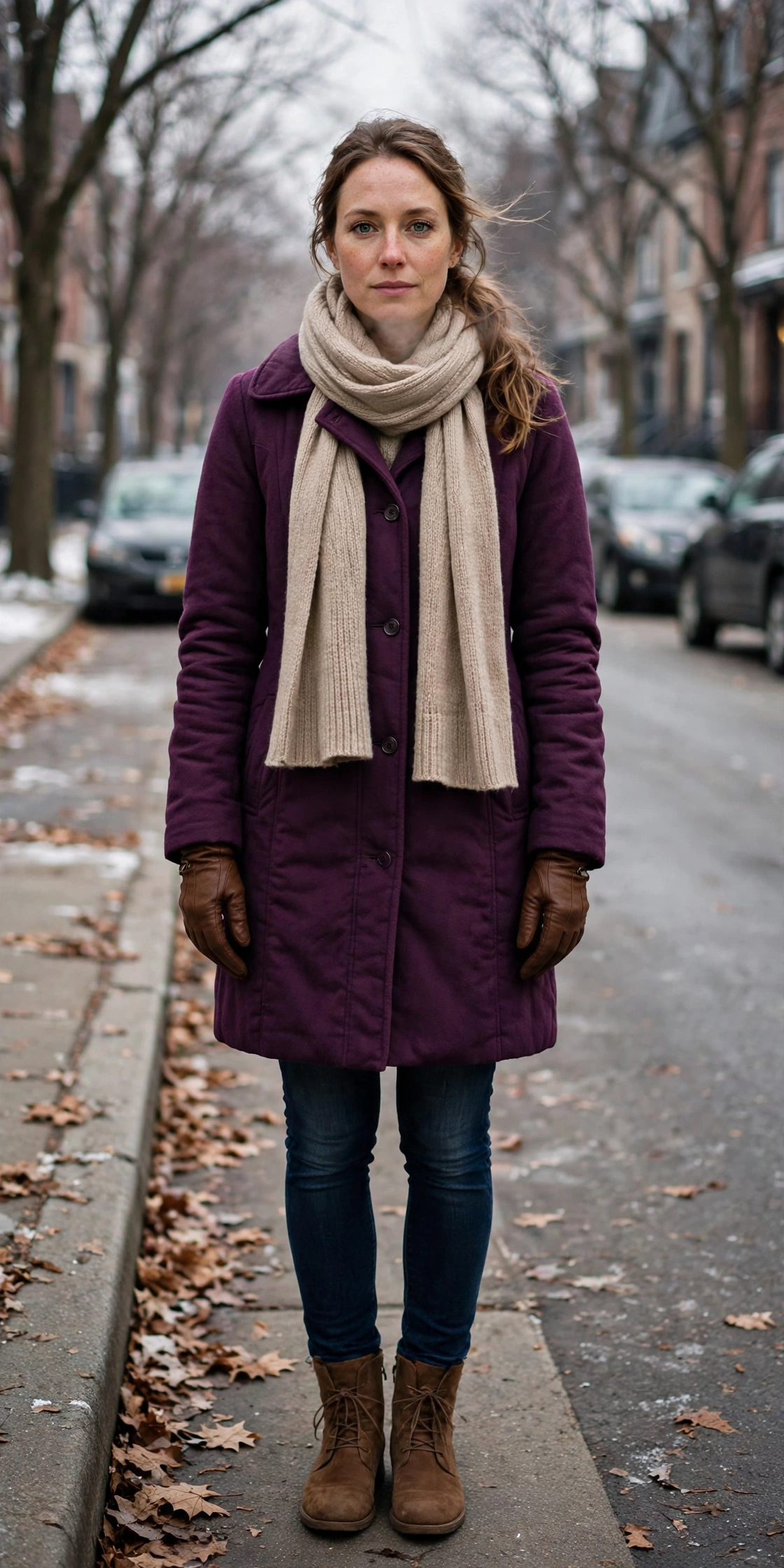 40 Leather Glove and Scarf Outfits for Cold Walks That Are Warm, Chic and Easy to Wear 36 Plum Coat, Brown Leather Gloves and a Beige Scarf