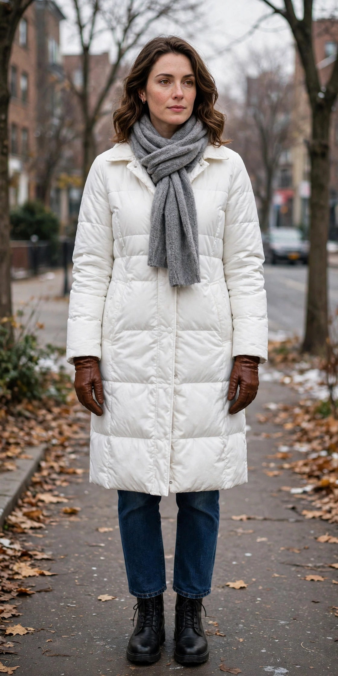 40 Leather Glove and Scarf Outfits for Cold Walks That Are Warm, Chic and Easy to Wear 37 White Coat, Brown Leather Gloves and a Grey Scarf