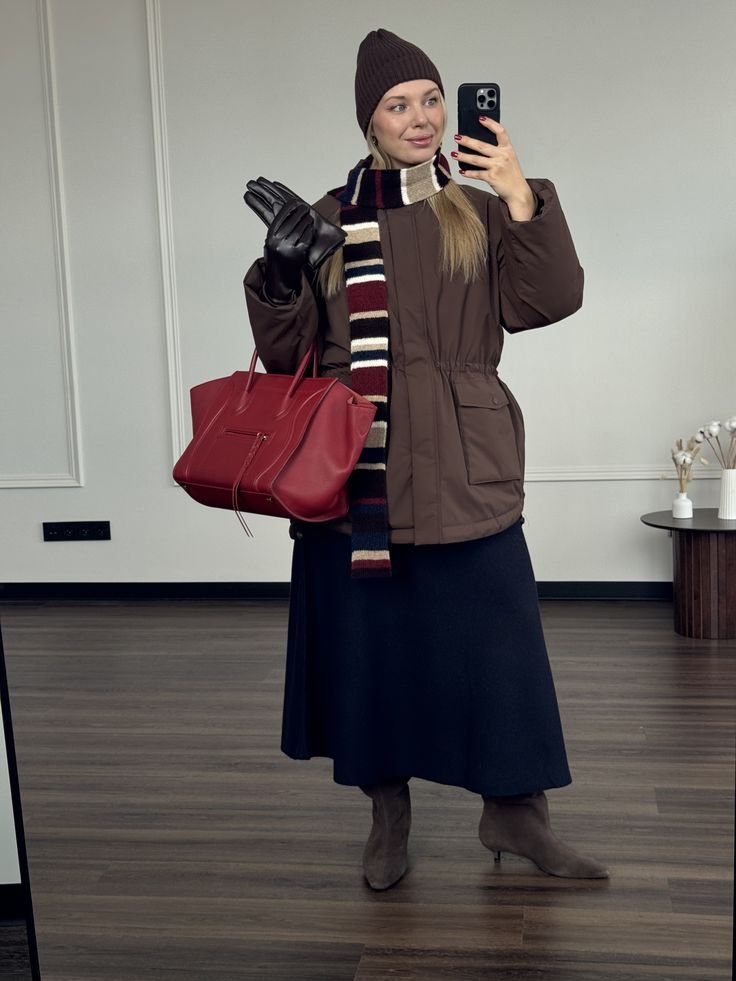 40 Leather Glove and Scarf Outfits for Cold Walks That Are Warm, Chic and Easy to Wear 38 Brown Puffer, Black Leather Gloves and a Striped Scarf