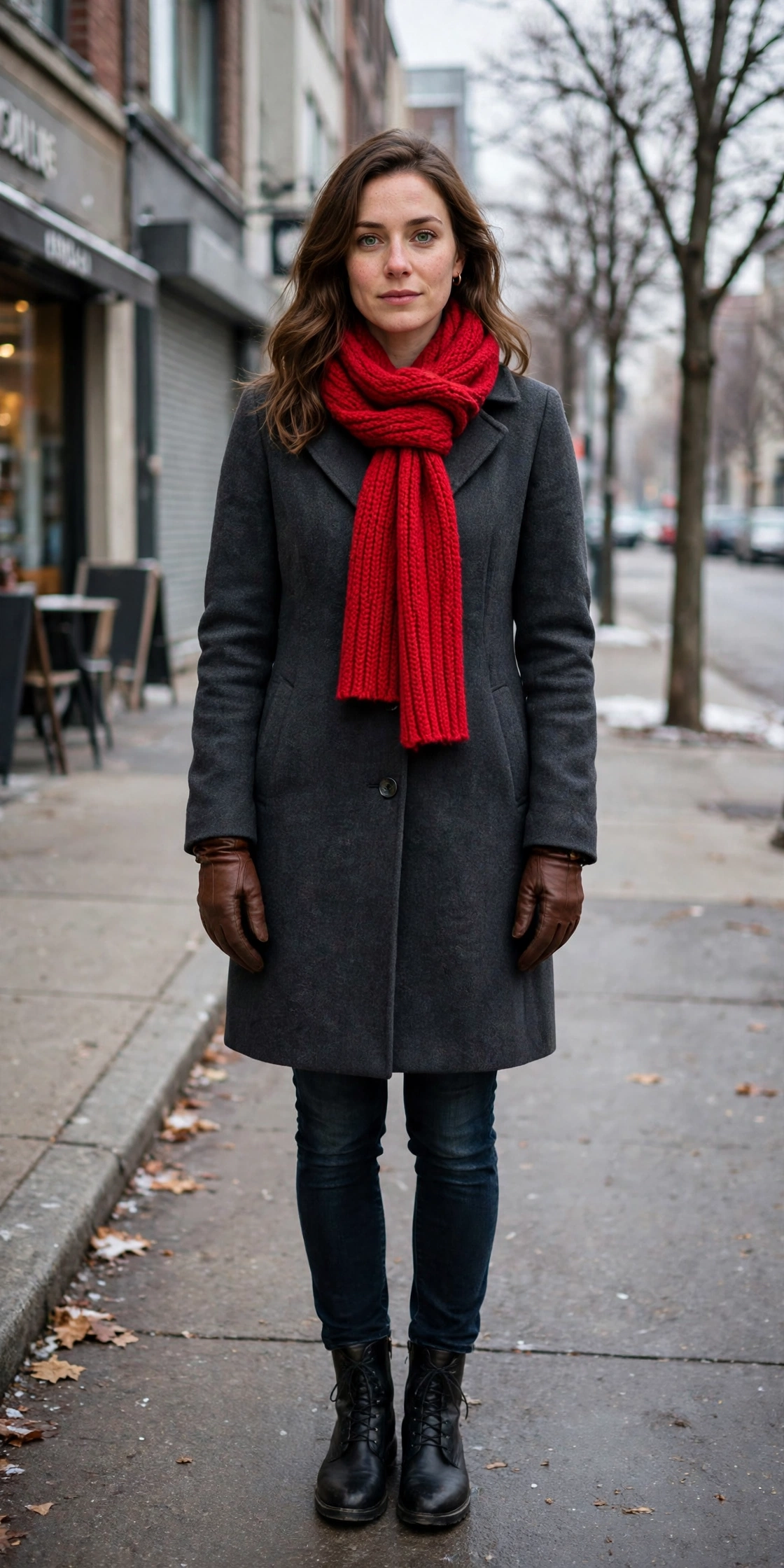 40 Leather Glove and Scarf Outfits for Cold Walks That Are Warm, Chic and Easy to Wear 41 Dark Grey Coat, Brown Leather Gloves and a Red Scarf