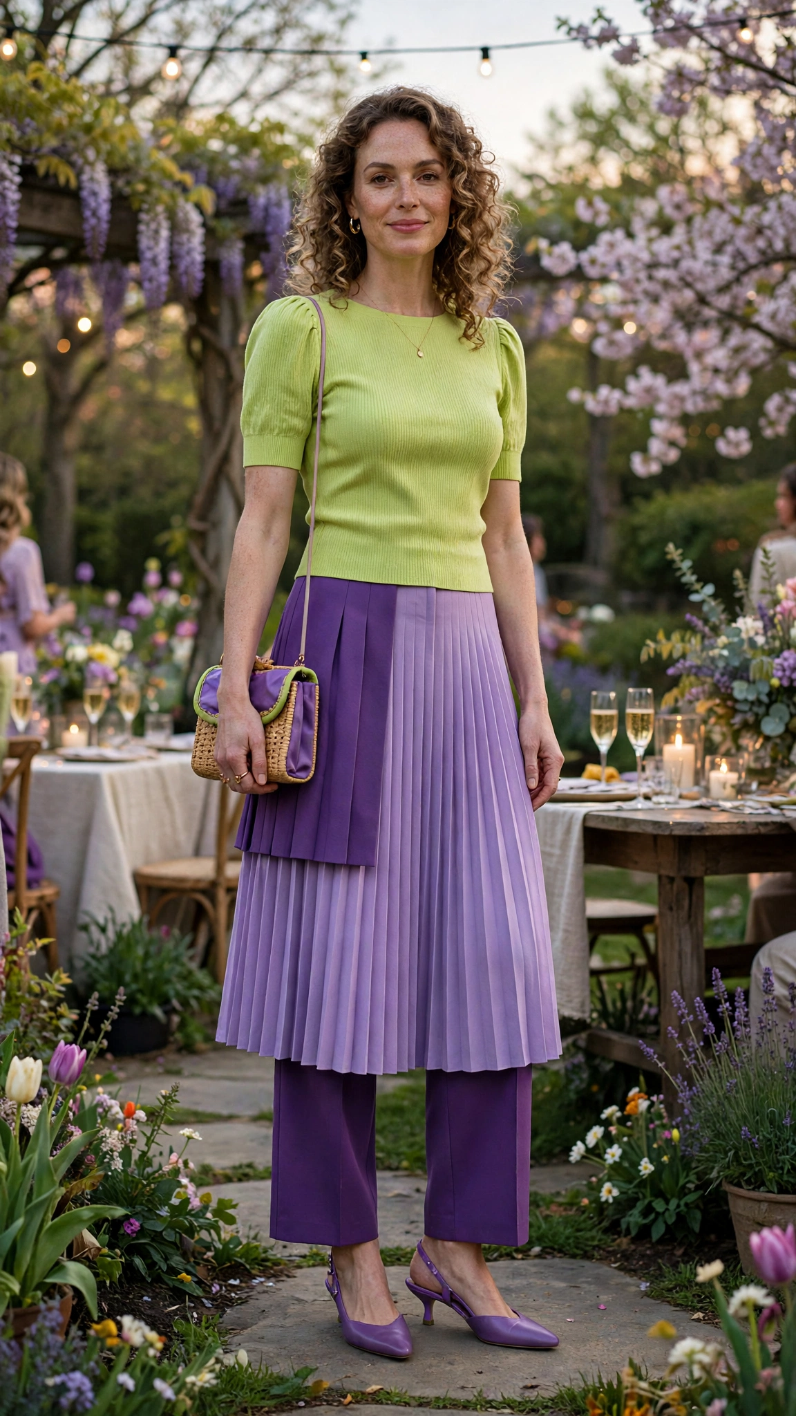 Citrus Lime and Lilac Lime and Purple Colour Block Outfit with a purple pleated skirt and slingbacks