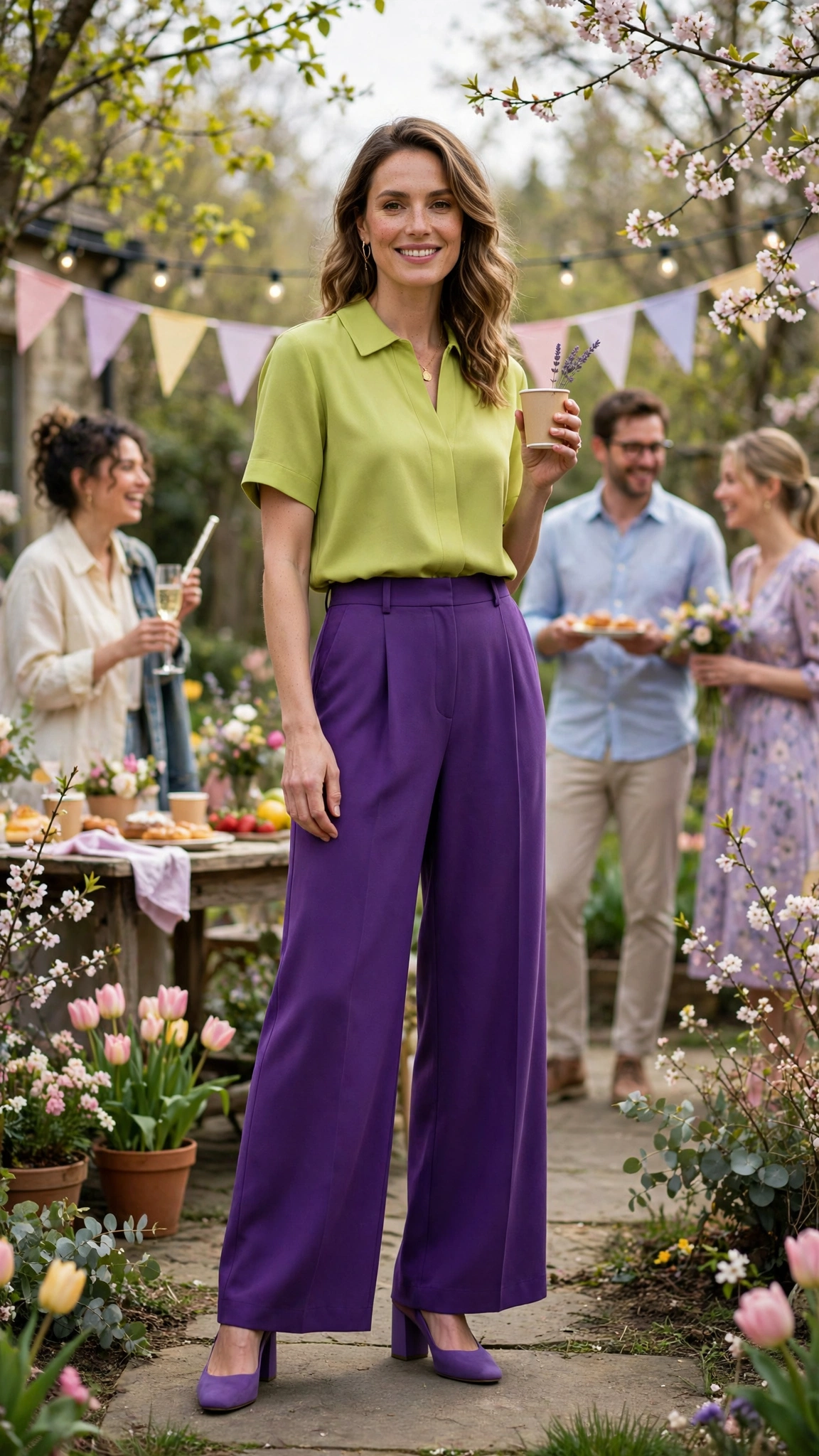 Lime and Purple Lime and Purple Colour Block Outfit with purple wide-leg trousers and block heels