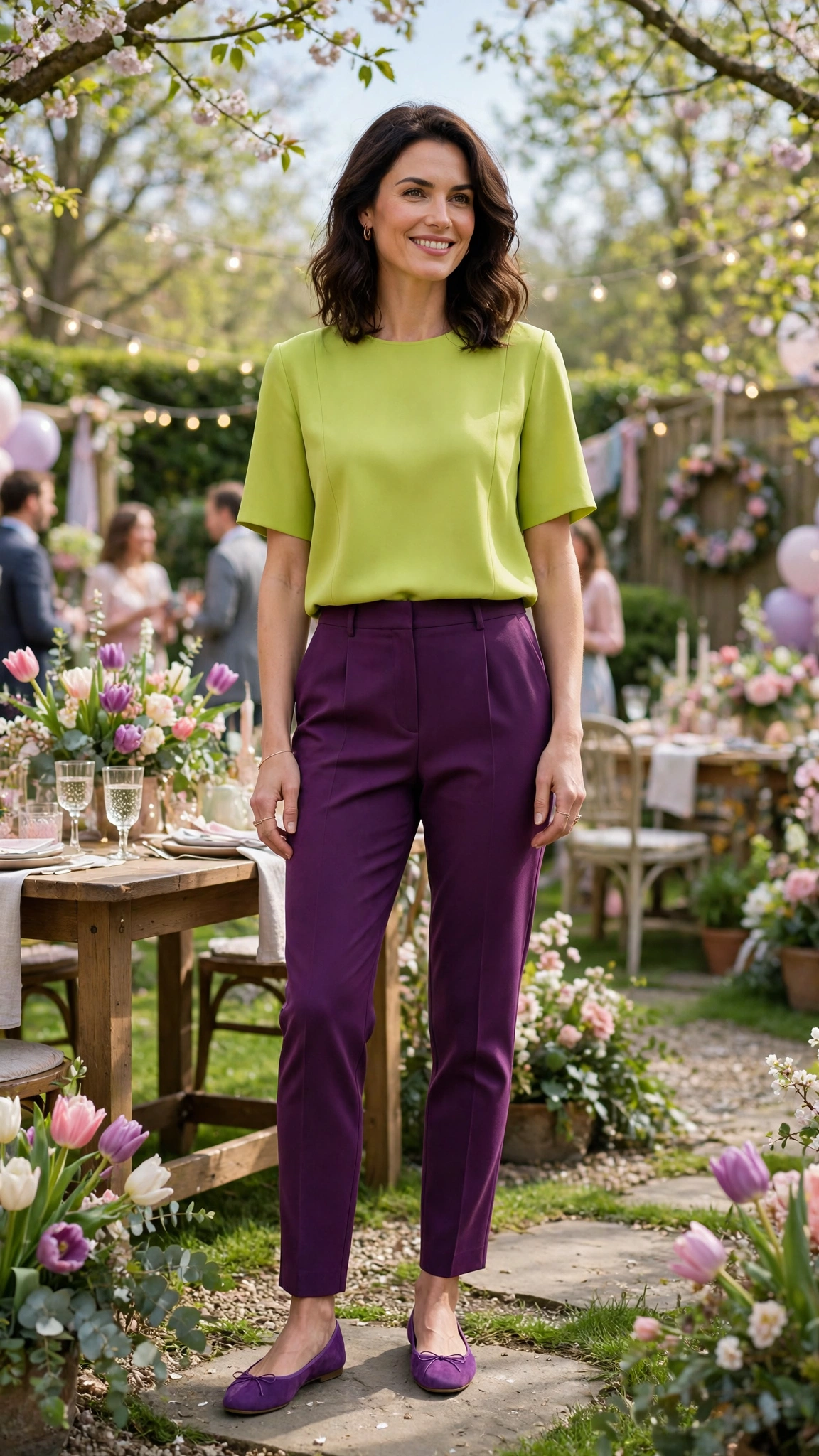 Bright Lime and Aubergine Lime and Purple Colour Block Outfit with purple tailored trousers and ballet flats