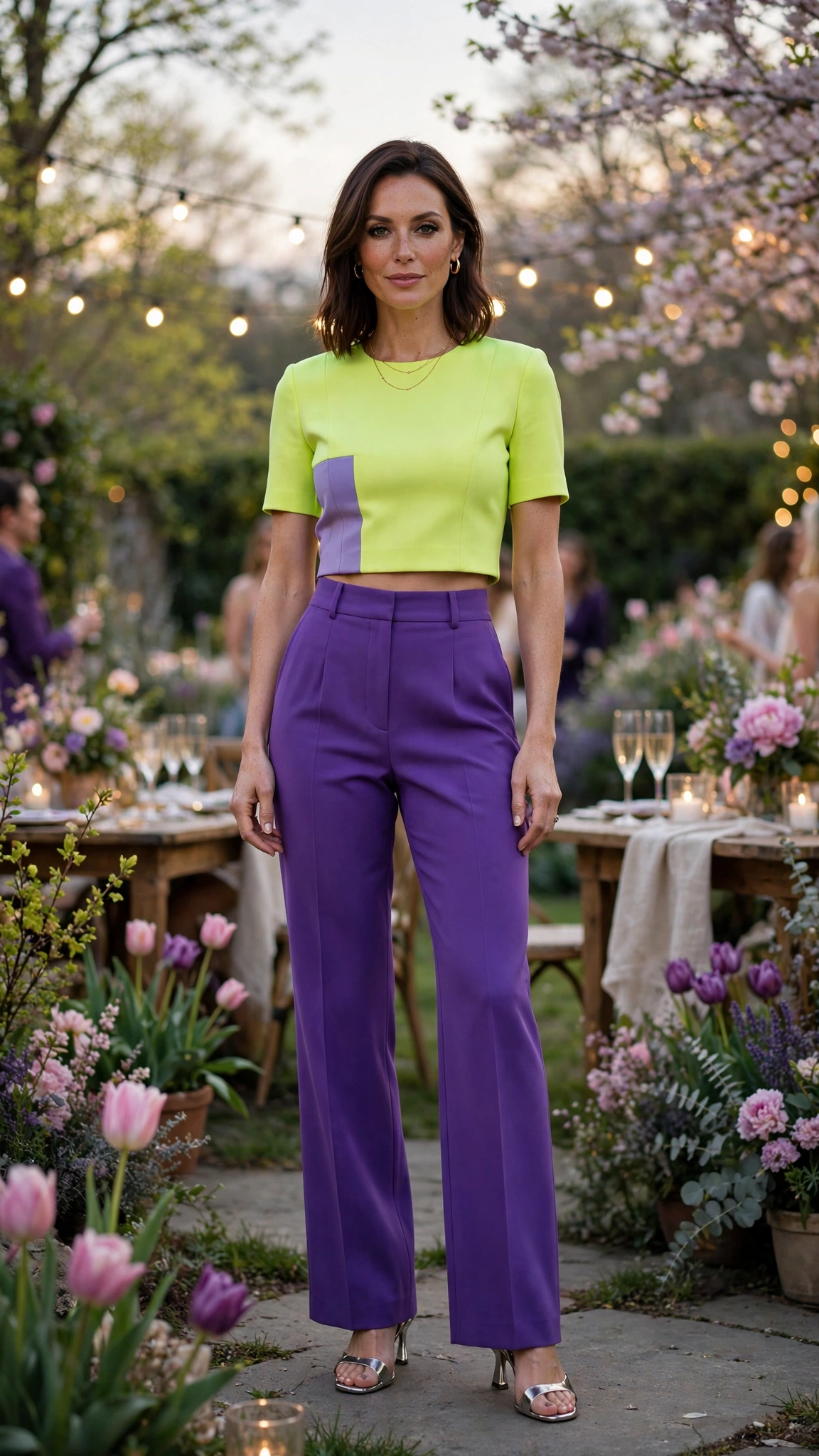 Neon Lime and Violet Lime and Purple Colour Block Outfit with purple trousers and metallic heels