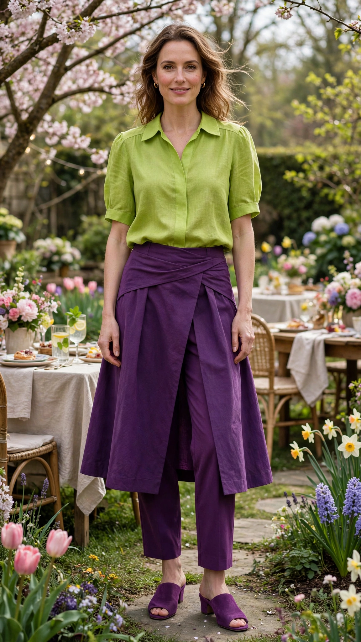 Acid Lime and Plum Lime and Purple Colour Block Outfit with a purple A-line skirt and mules