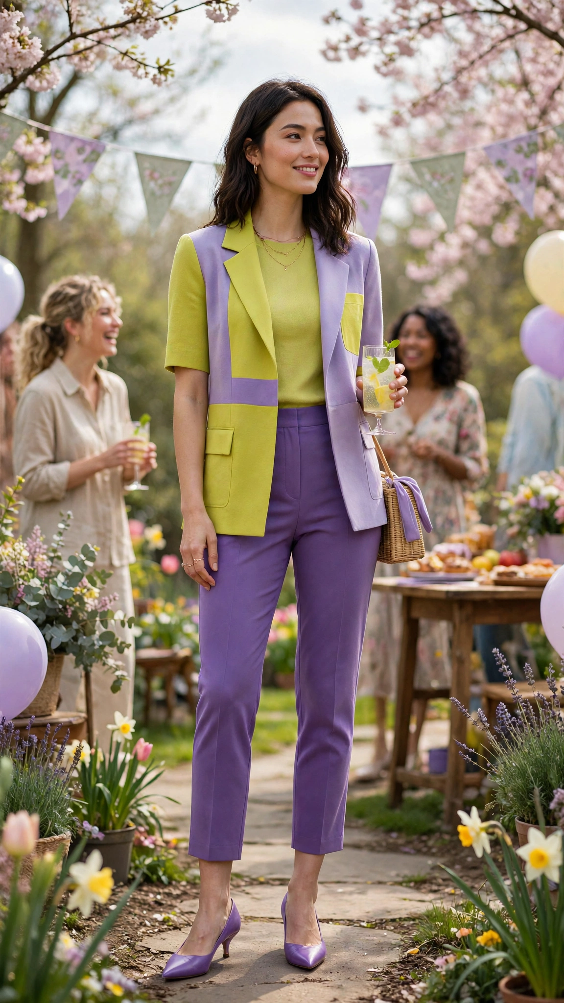Chartreuse and Lavender Lime and Purple Colour Block Outfit with purple cropped trousers and pointed pumps