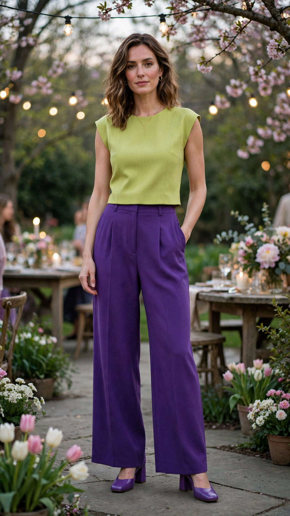 Purple and Lime Lime and Purple Colour Block Outfit with purple wide-leg trousers and block heels