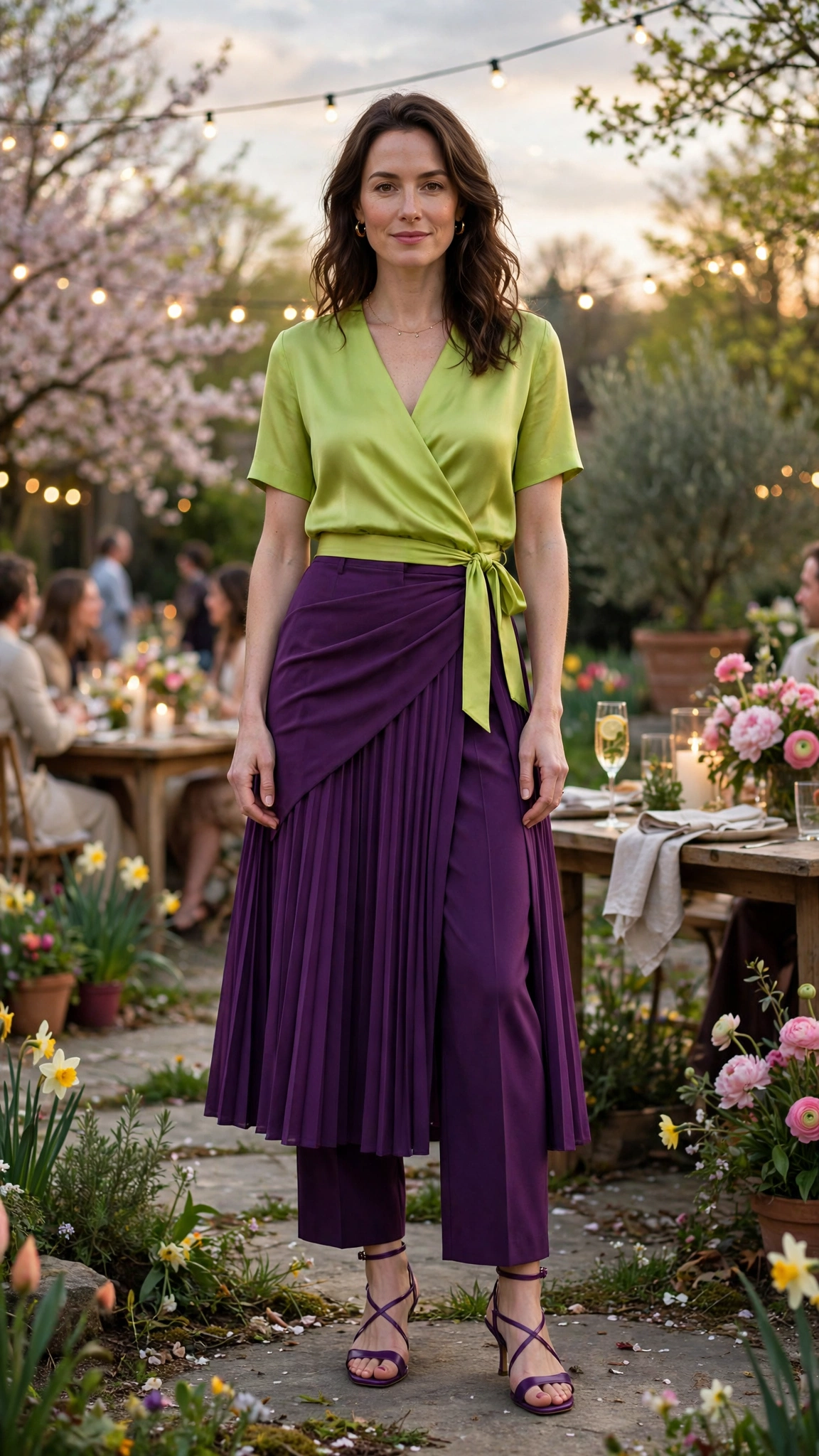 Bright Lime and Aubergine Lime and Purple Colour Block Outfit with a purple midi skirt and strappy sandals