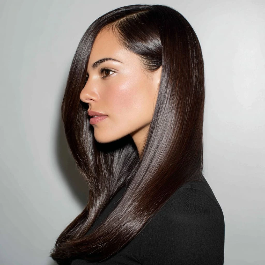 38 Long Glass Hair Hairstyles For Women In Their 30s With Straight Polished Lengths That Are Sleek, Shiny and Polished 14 Straight Glass Lengths With A Sleek Centre Part