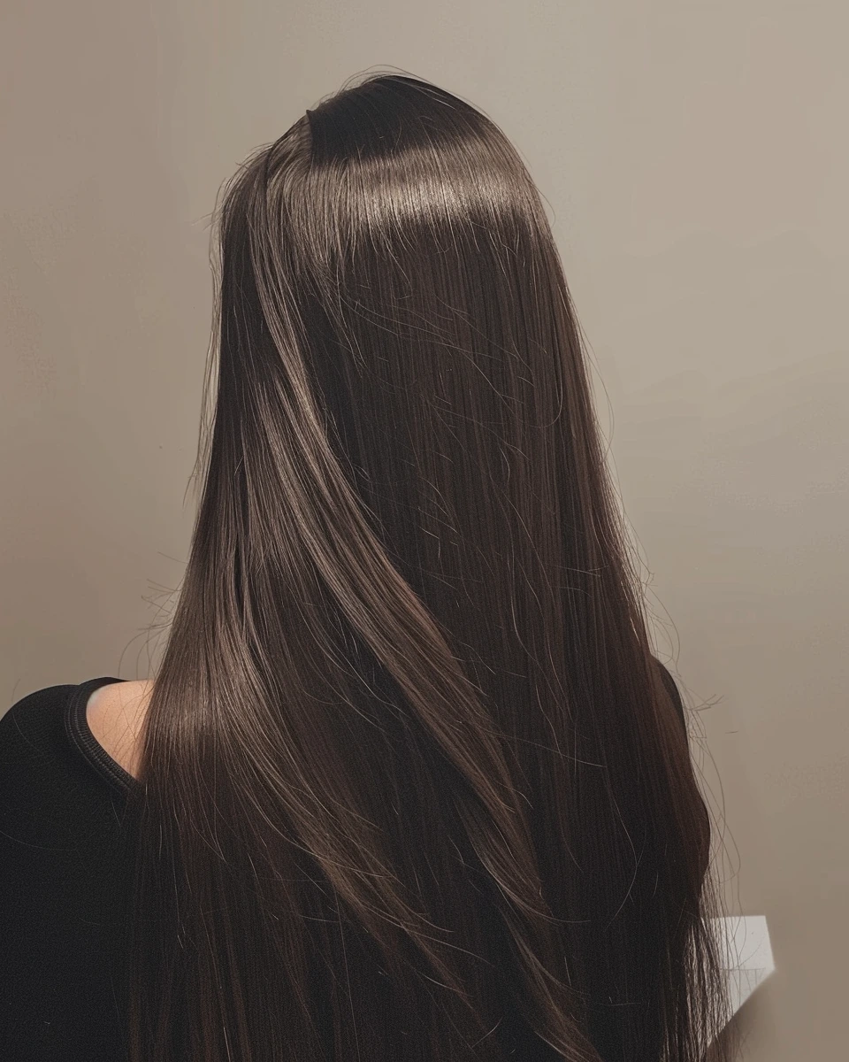 38 Long Glass Hair Hairstyles For Women In Their 30s With Straight Polished Lengths That Are Sleek, Shiny and Polished 21 Waist-Length Glass Hair With A Sleek Centre Part