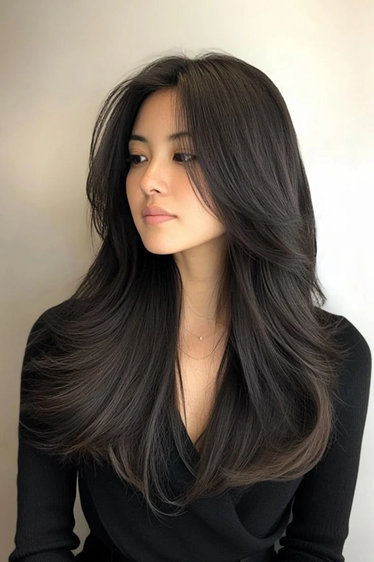 38 Long Glass Hair Hairstyles For Women In Their 30s With Straight Polished Lengths That Are Sleek, Shiny and Polished 23 Sleek Long Layers With A Centre Part