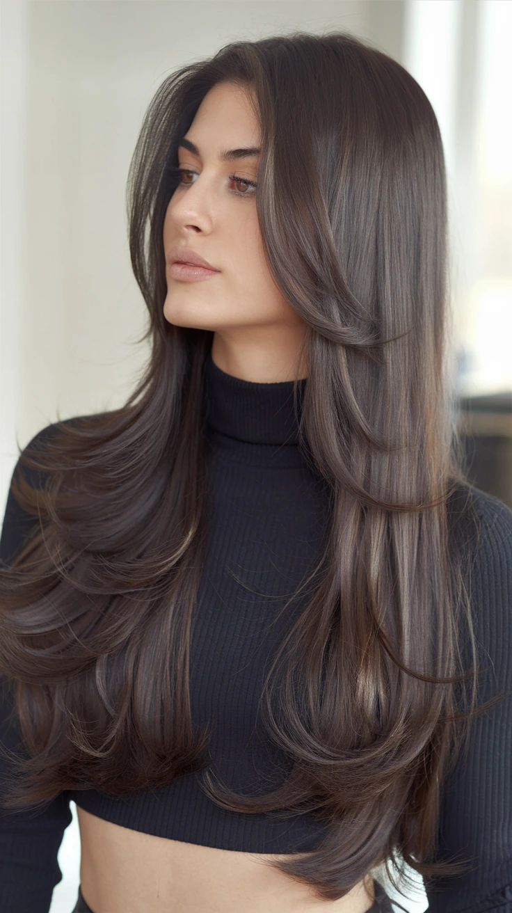 38 Long Glass Hair Hairstyles For Women In Their 30s With Straight Polished Lengths That Are Sleek, Shiny and Polished 28 Sleek Long Layers With A Sleek Centre Part